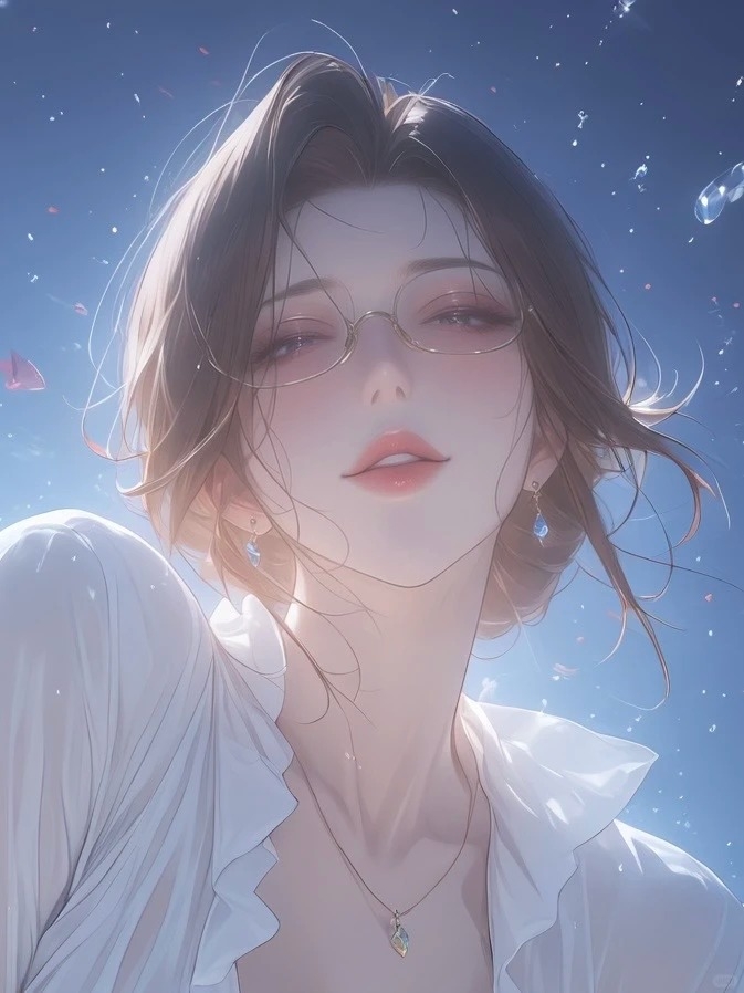 ショートヘアの女性が細いフレームのメガネをかけて、白い服を着て魅力を放っている