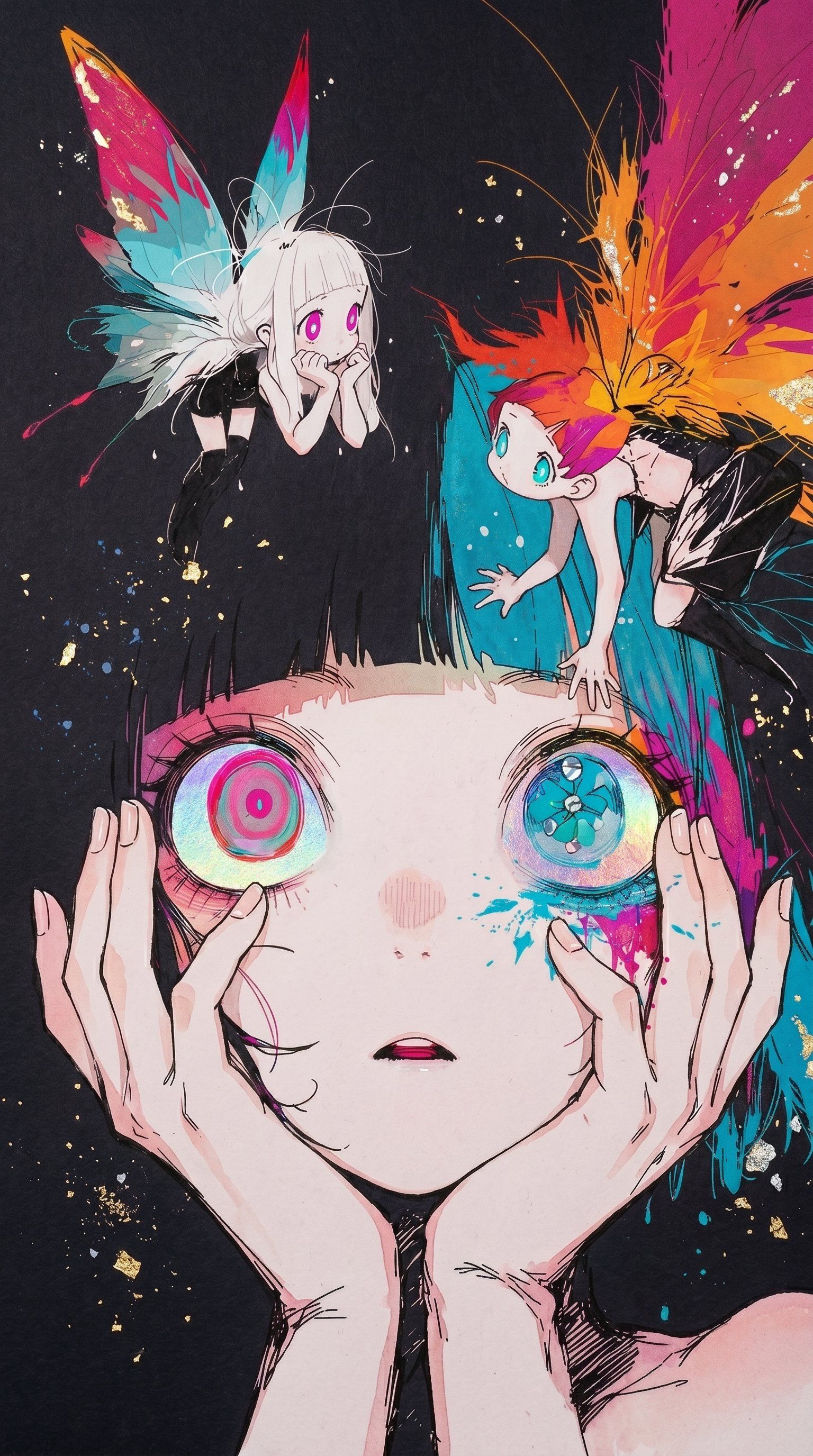 异色瞳少女与彩色大眼睛及精灵共同构建梦幻动漫场景