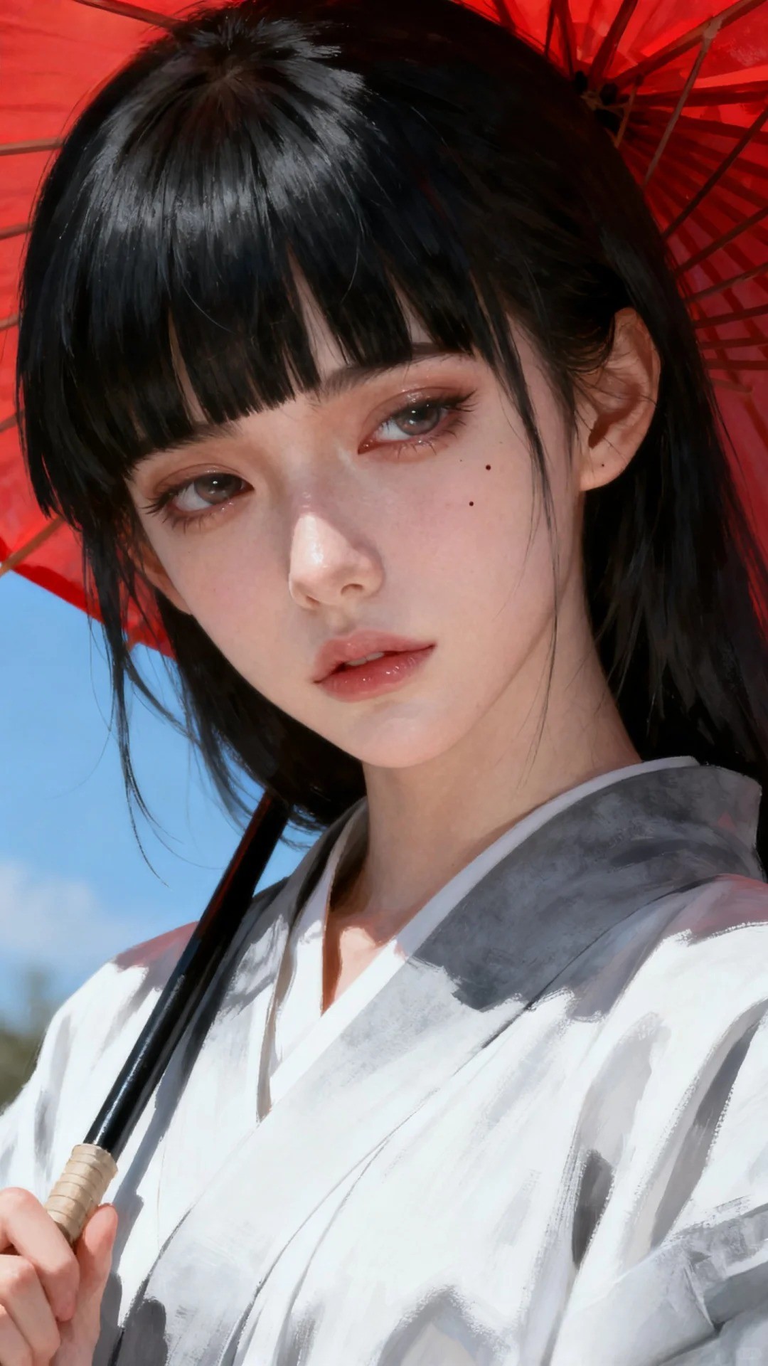 Une fille aux cheveux noirs tenant un parapluie rouge, vêtue d'un simple vêtement blanc, incarnant la beauté classique