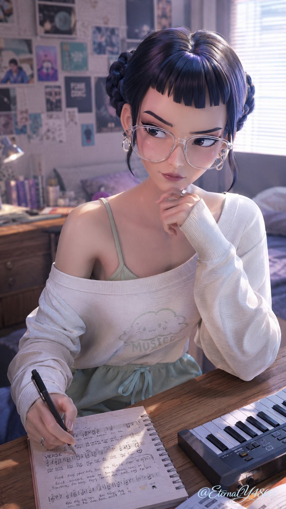 A girl is composing melodies in a piano room, wearing a cloud-patterned sweater