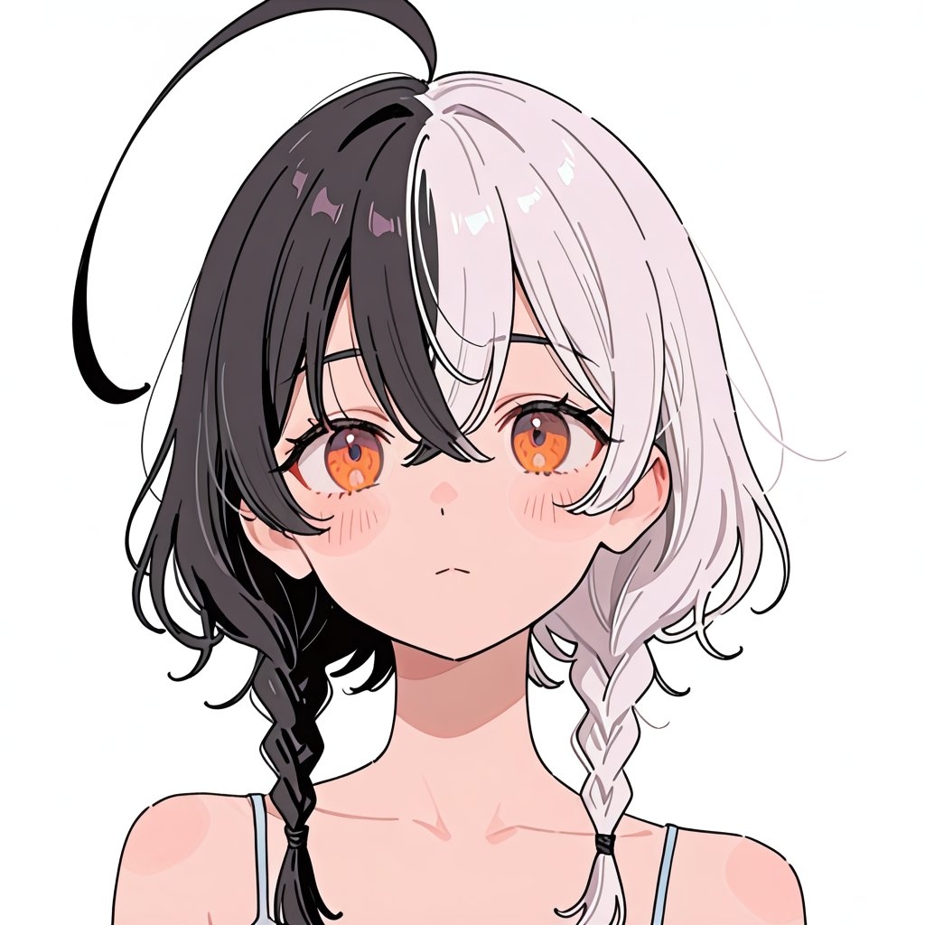 Die Illustration zeigt ein halbes Mädchen mit einem deutlich schwarzen und weißen Haarfarbkontrast und einem leicht verwirrten Ausdruck