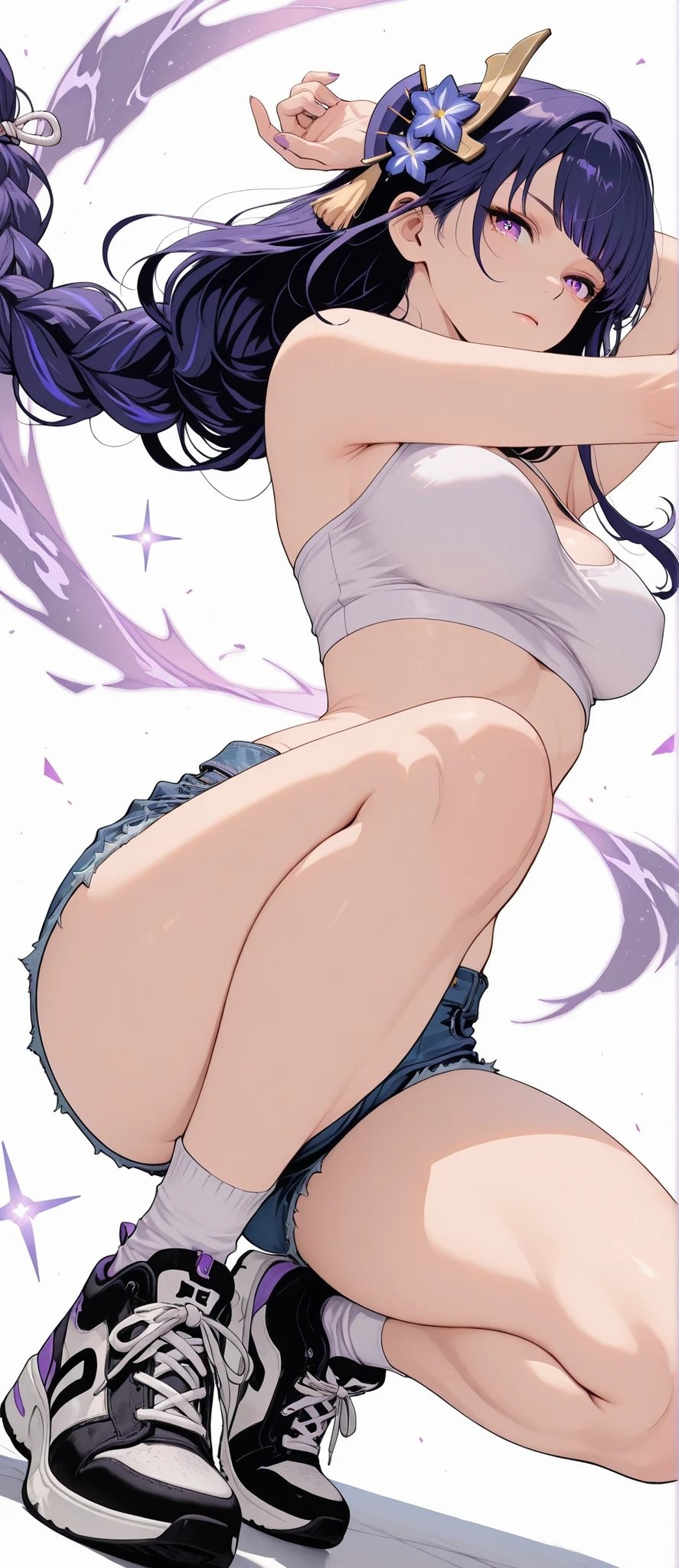Raiden Shogun de Genshin Impact com cabelo roxo profundo e acessórios de flores roxas