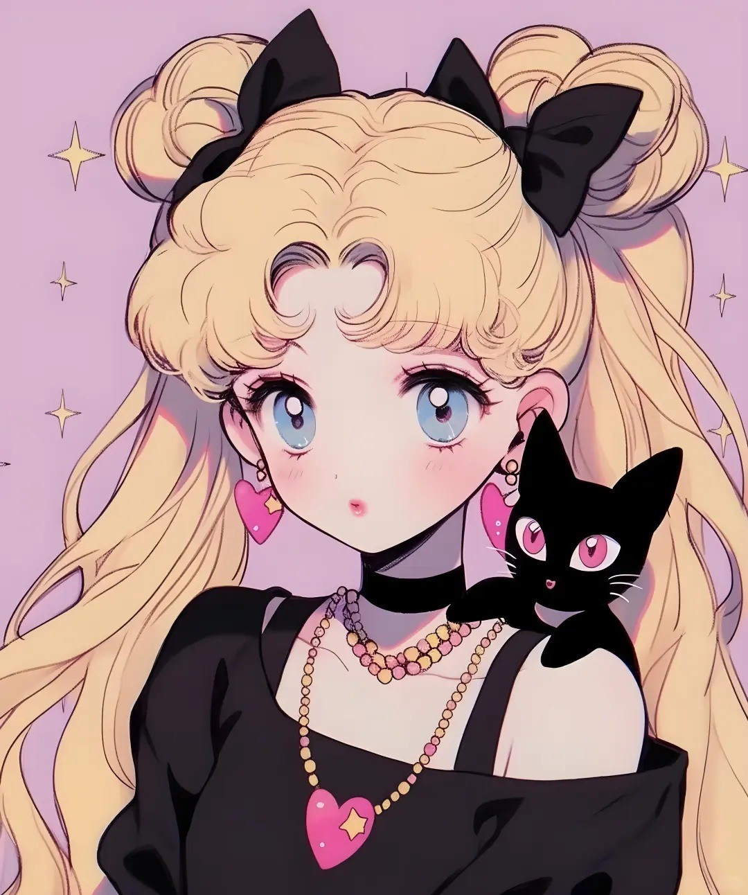 Mädchen mit goldenen Doppelchignons und schwarzer Katze in süß-coolem Outfit