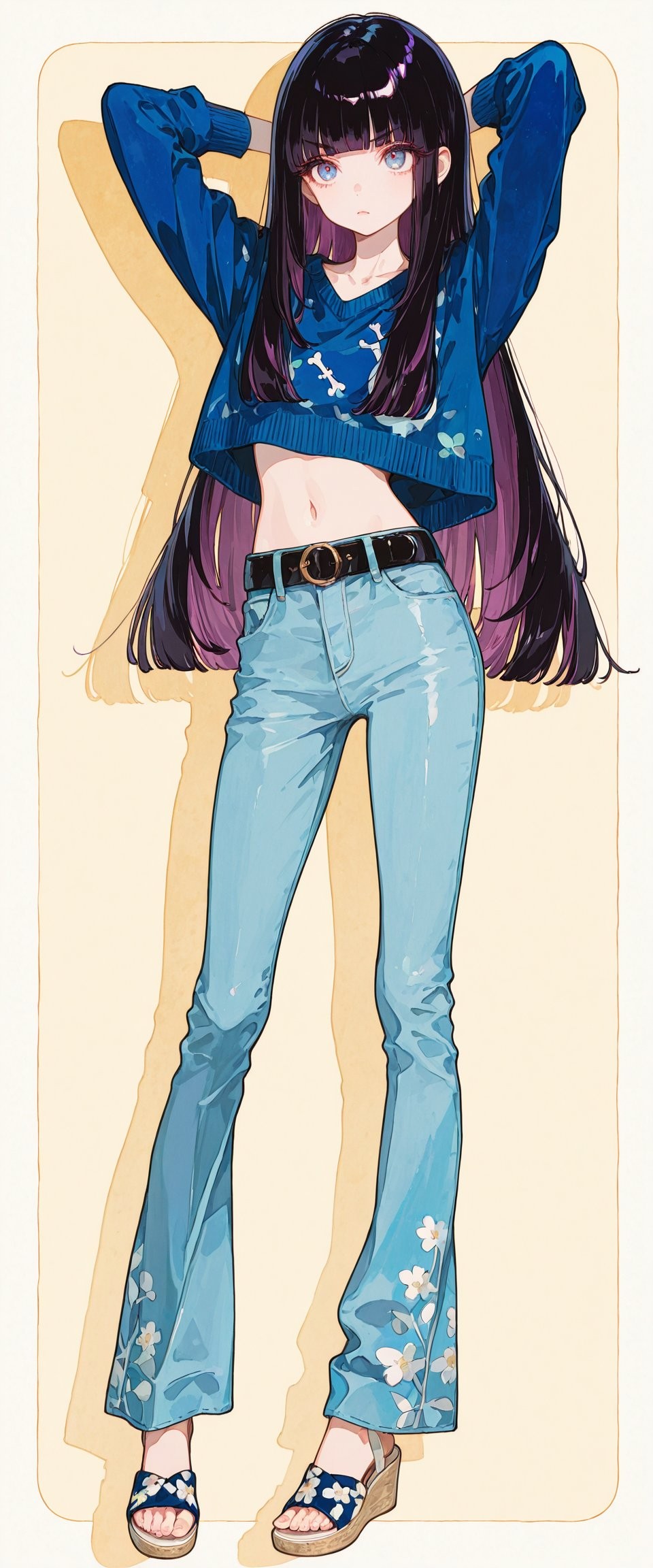 Un pull court bleu Klein associé à un jean flare délavé montre le style de mode des années 90