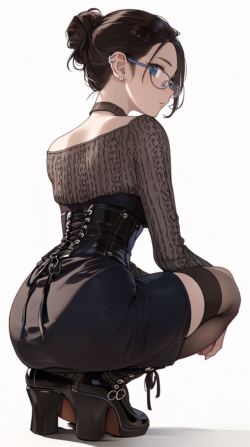 A woman with dark brown hair in a bun wears a brown lace off-shoulder top and a black mini skirt showcasing a mature vibe