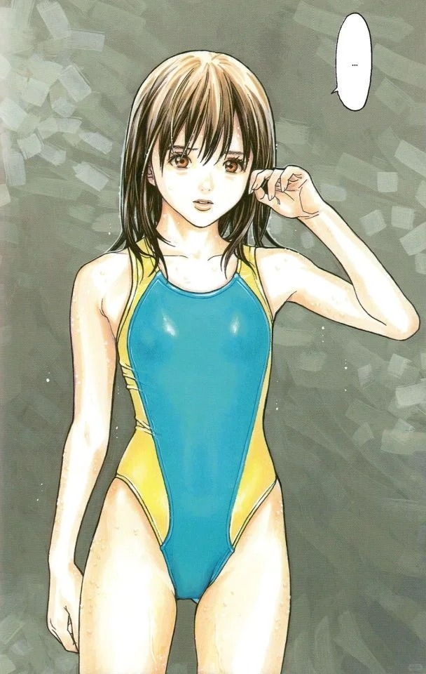 褐色の髪と茶色の目の少女が青と黄色の競技水着を着て、クラシックな二次元壁紙スタイルを表現