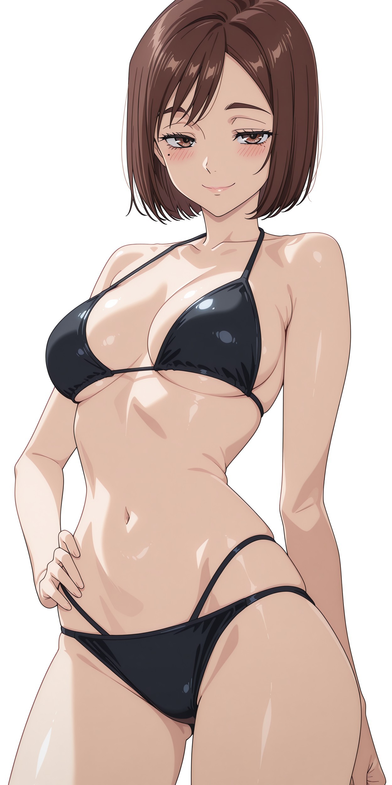 插画中的女性角色穿着黑色比基尼，展现出慵懒自信的气质