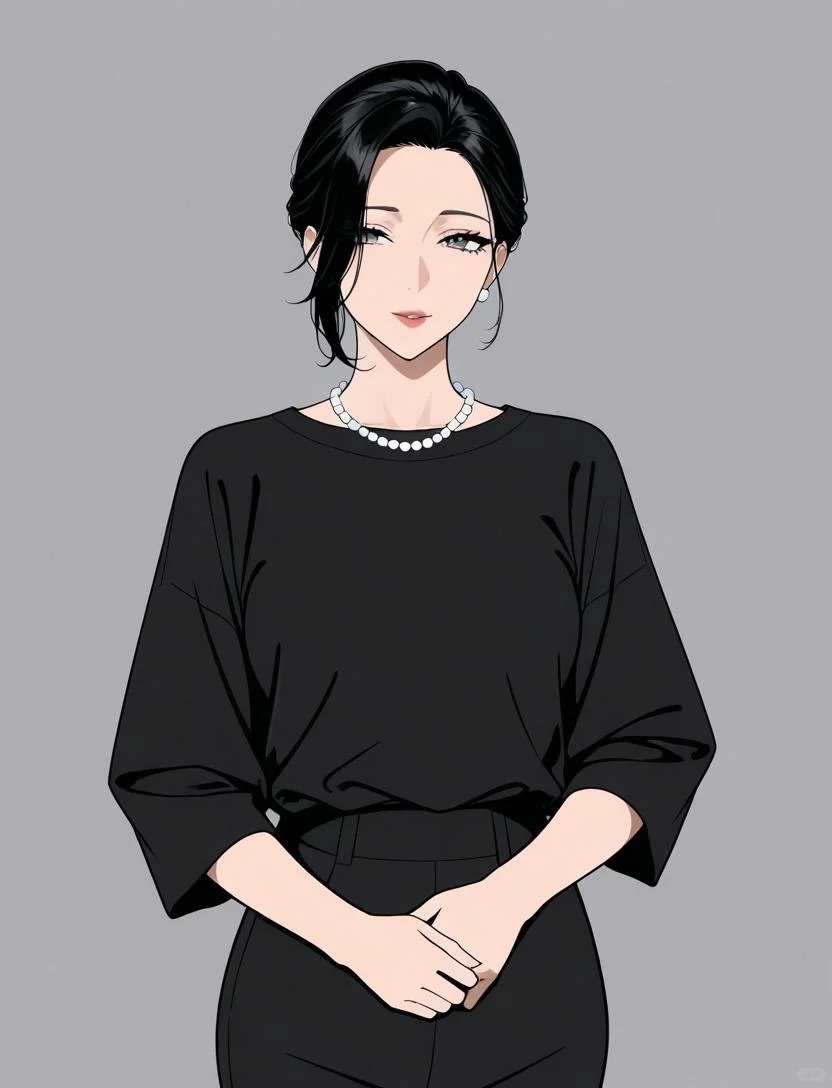 这是一位穿着宽松黑色上衣与高腰长裤的知性女性手机壁纸
