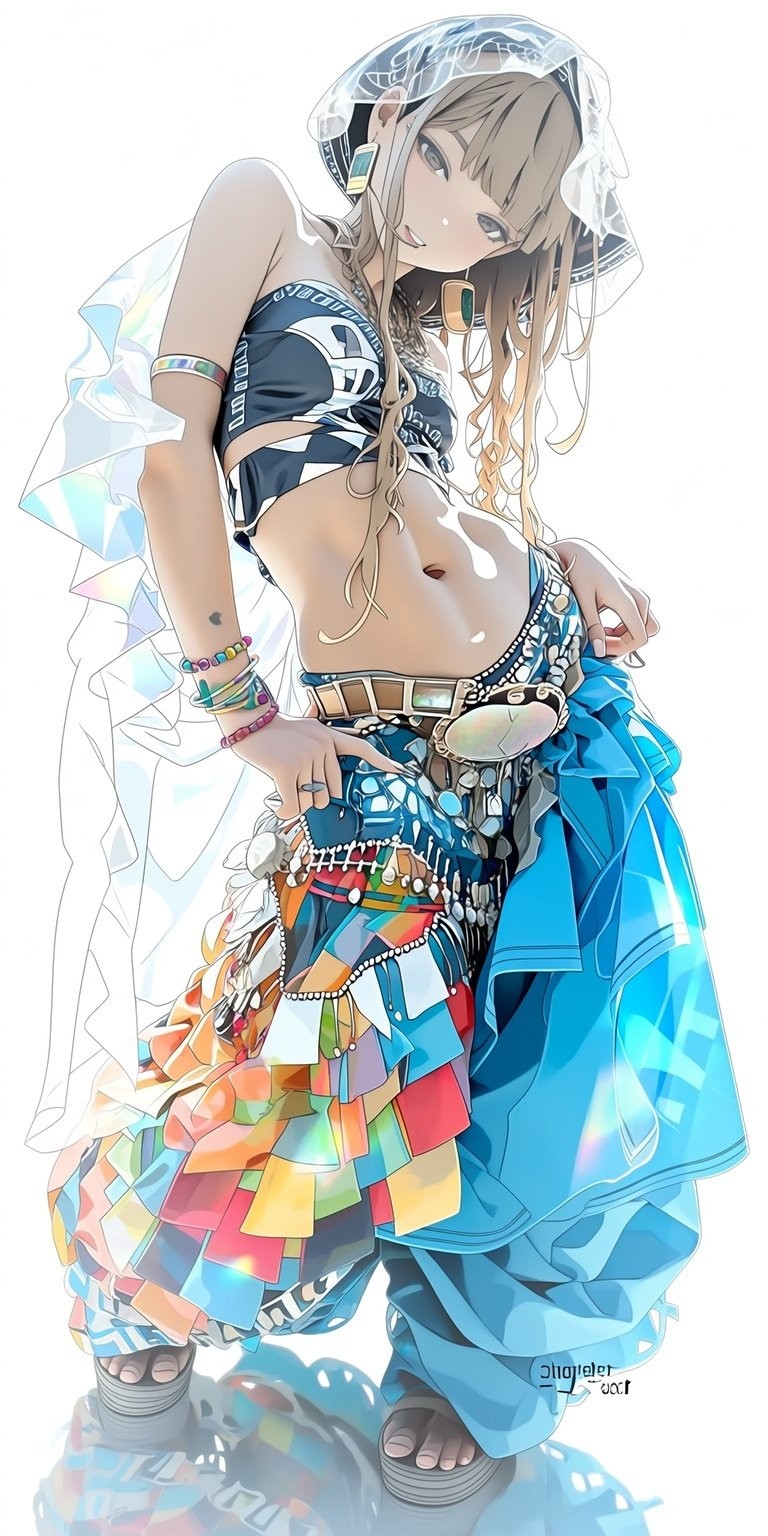 Ein Mädchen trägt ein hellgrünes Hemd und einen weißen Rock und steht in einer Steingasse mit einer geflochtenen Tasche