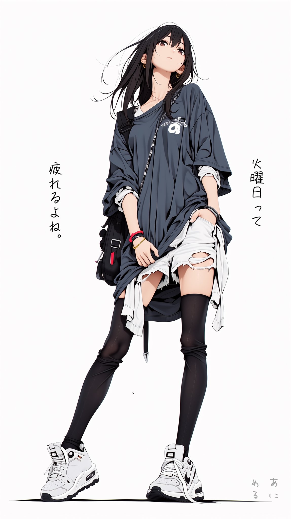 A girl with black hair showcases street fashion with an oversized gray T-shirt paired with ripped shorts and knee-high socks