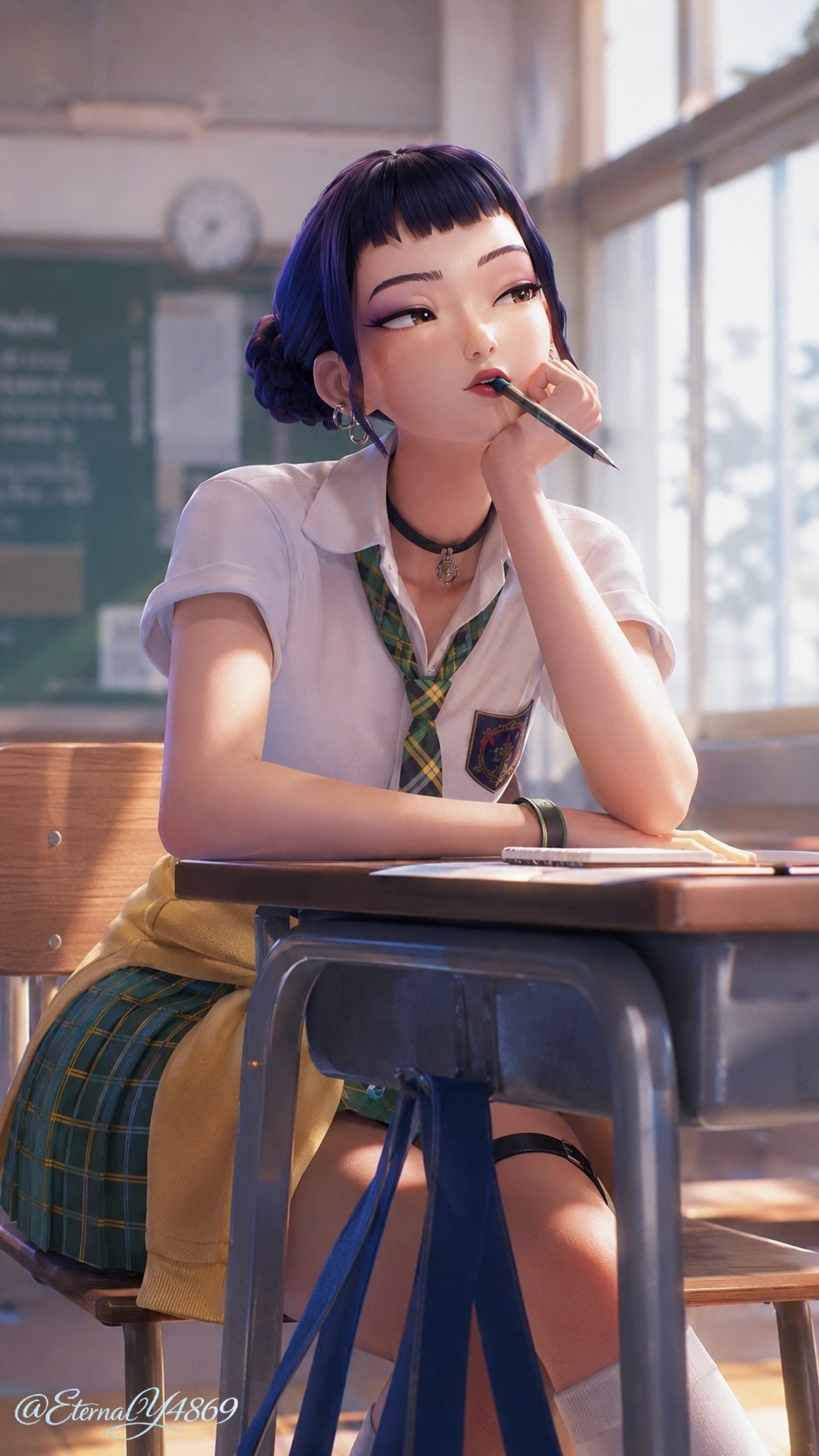 她在窗前沉思，眼角泛红，制服藏着少女心事
