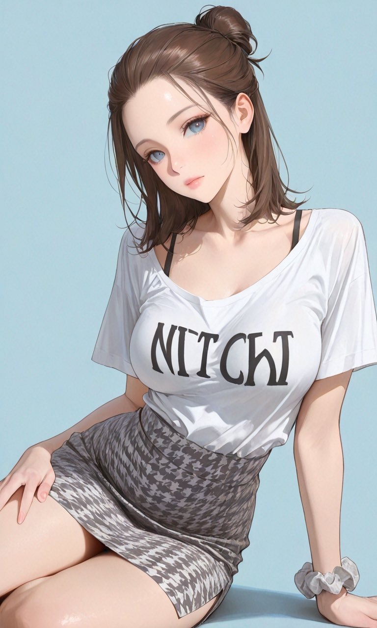 부드러운 파란 눈을 가진 여성은 갈색 중간 길이 머리를 반 올림 머리로 하고, 흰색 루즈 V넥 티셔츠와 회색 백색 체크 스커트를 입고 있습니다