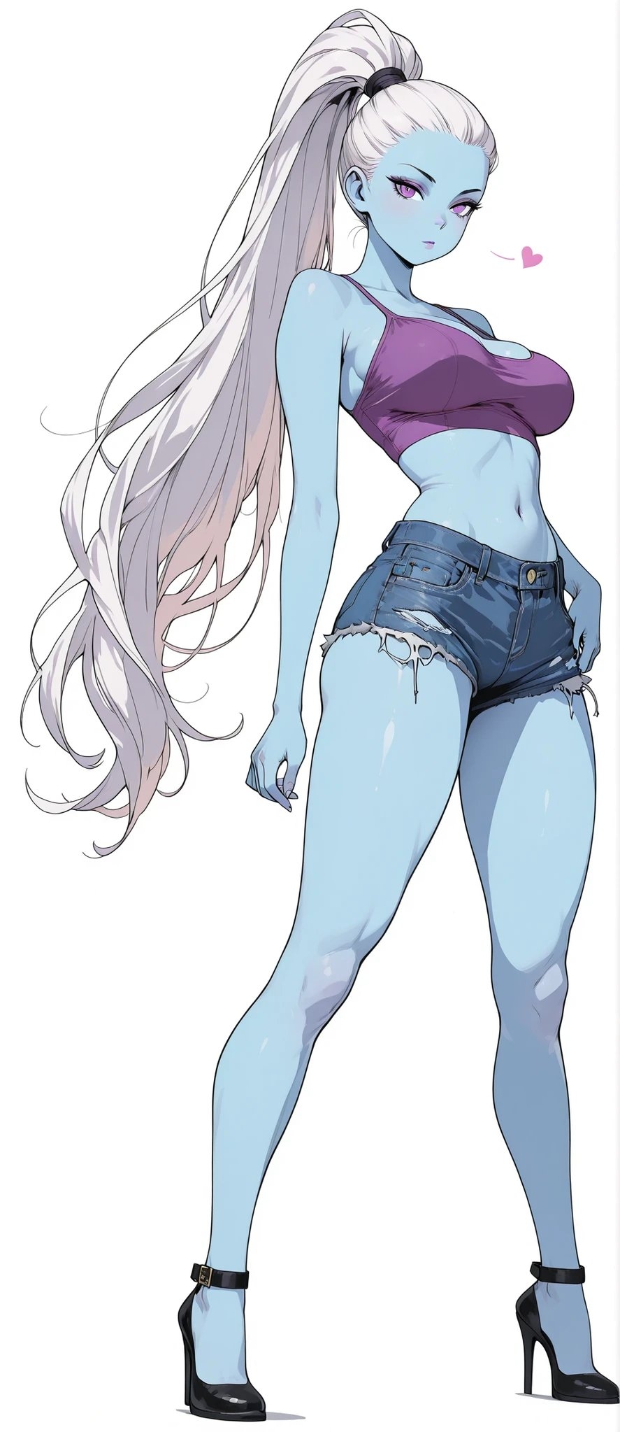 Un personnage féminin à la peau bleue porte un débardeur violet foncé et un short en jean taille basse
