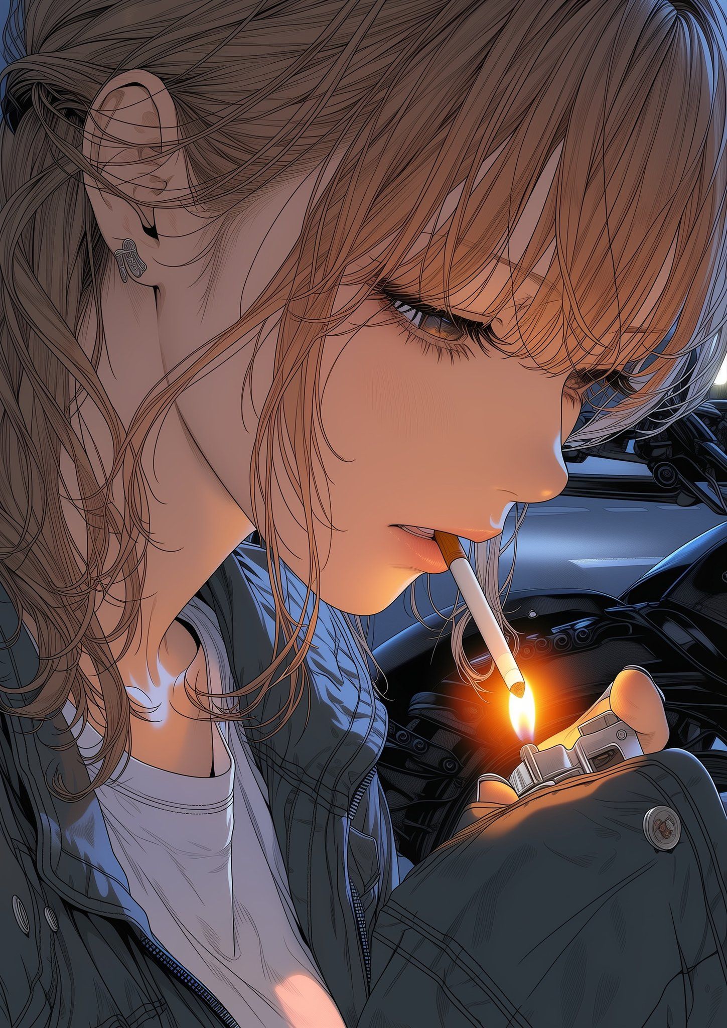 A woman with light brown hair in a dark gray work jacket holding a lighter to ignite a cigarette, background of mechanical parts