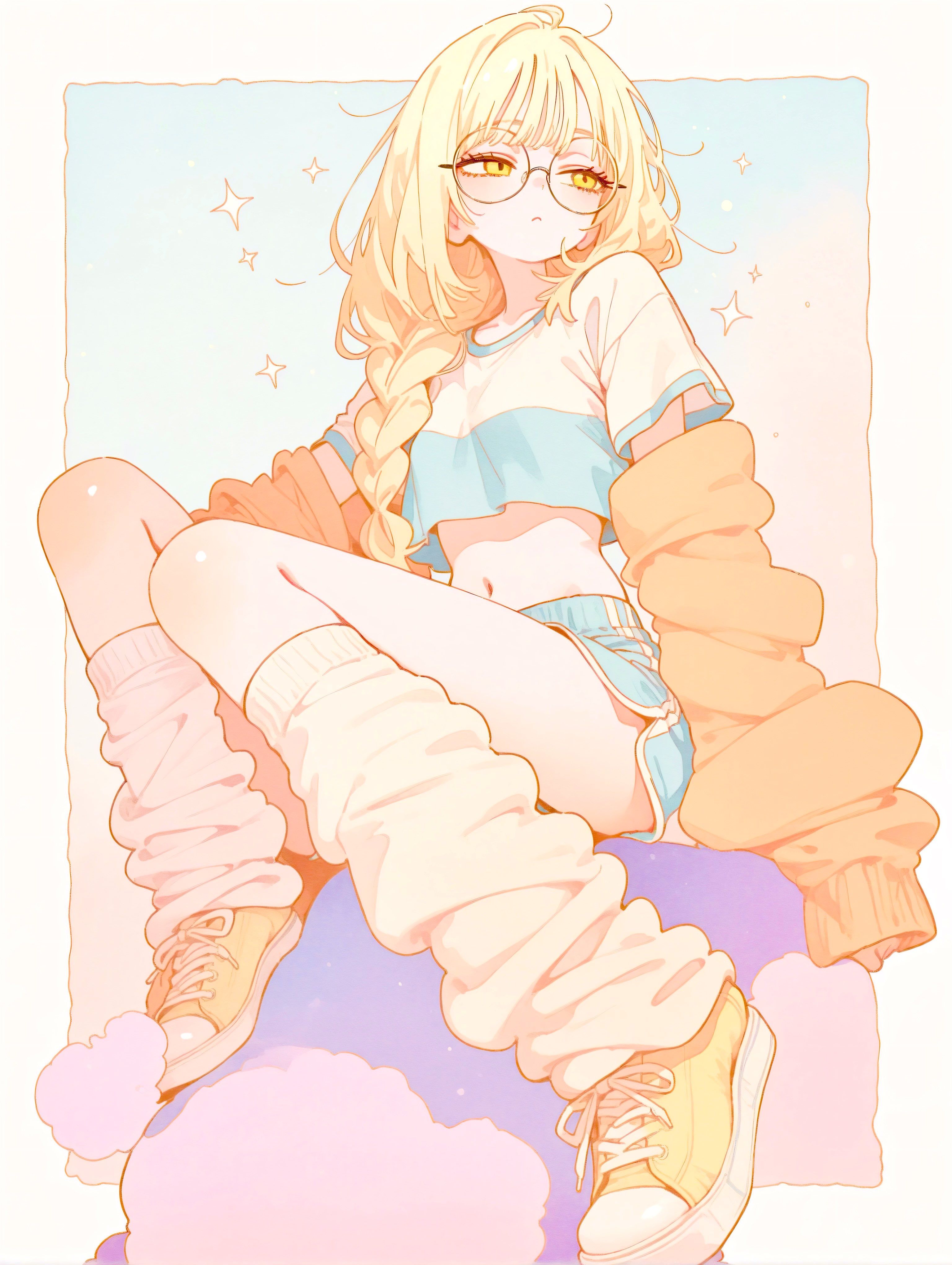A girl with long golden hair and amber eyes sits lazily in white and blue T-shirt paired w...