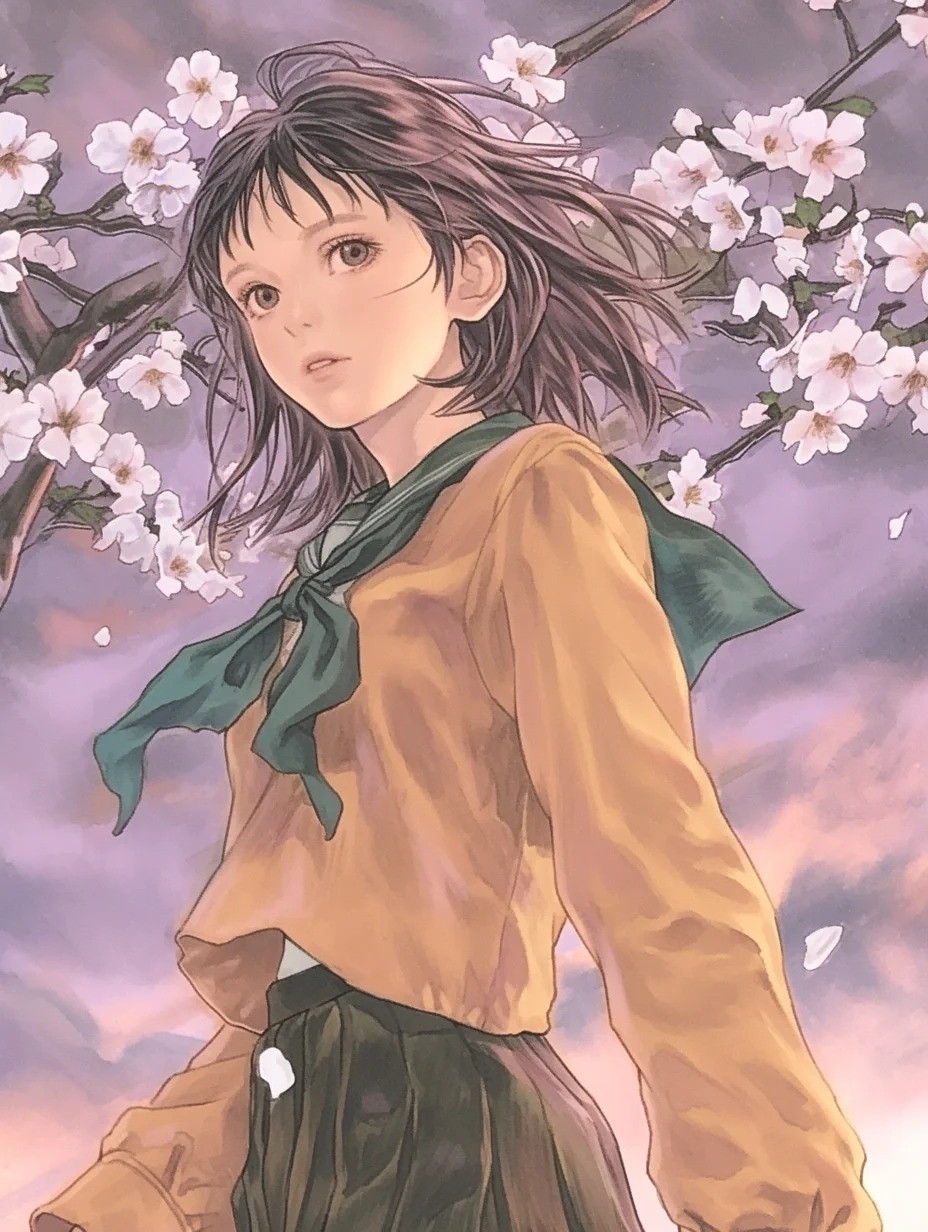 Spring anime wallpaper showcases the image of a girl in cherry blossom season