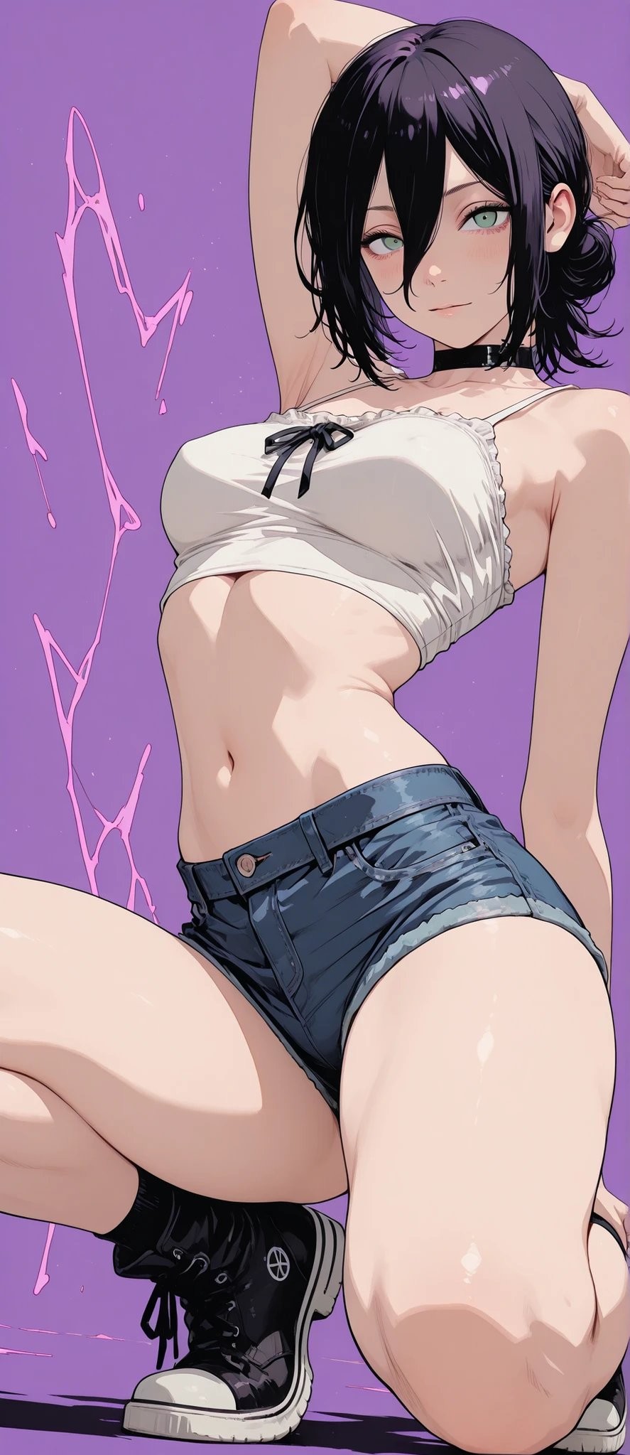 插畫描繪了一位女性角色以獨特的姿態展示時尚風格
