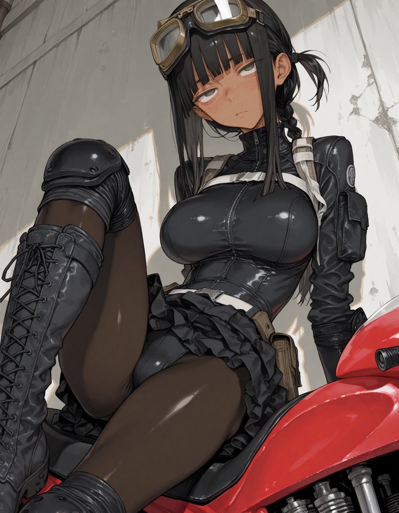 黒いレザージャケットがタクティカルスタイルにアップグレードし、少女が赤い車体に足を乗せ、艶のあるロングブーツを履いて軍事SFスタイルを表現