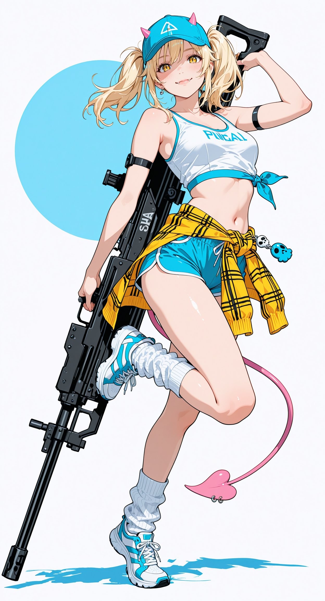 A girl with golden twin tails wearing a blue cat ear cap and a yellow checkered shirt