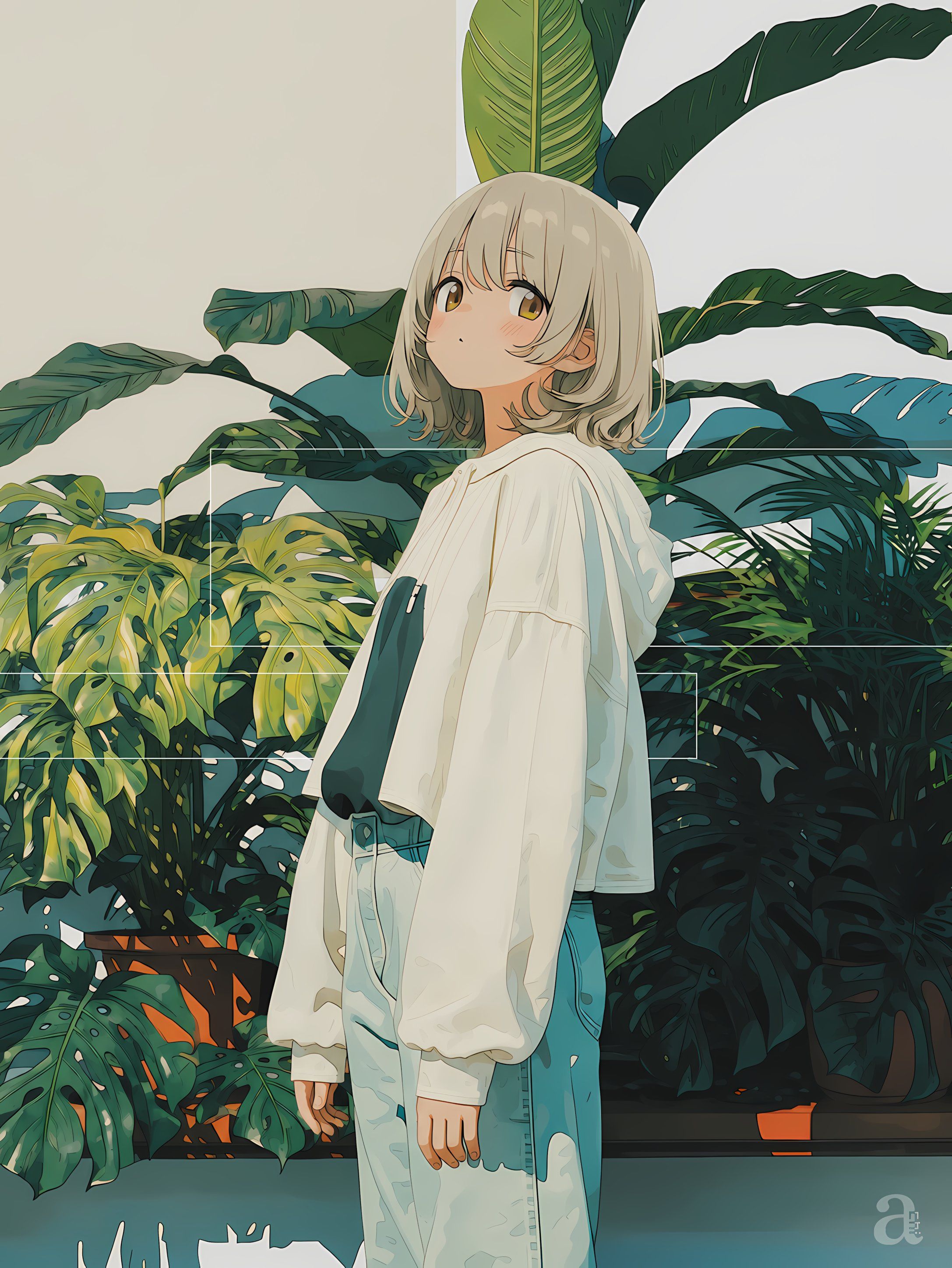 A girl wearing an ivory top and light blue casual pants in a tropical plant garden