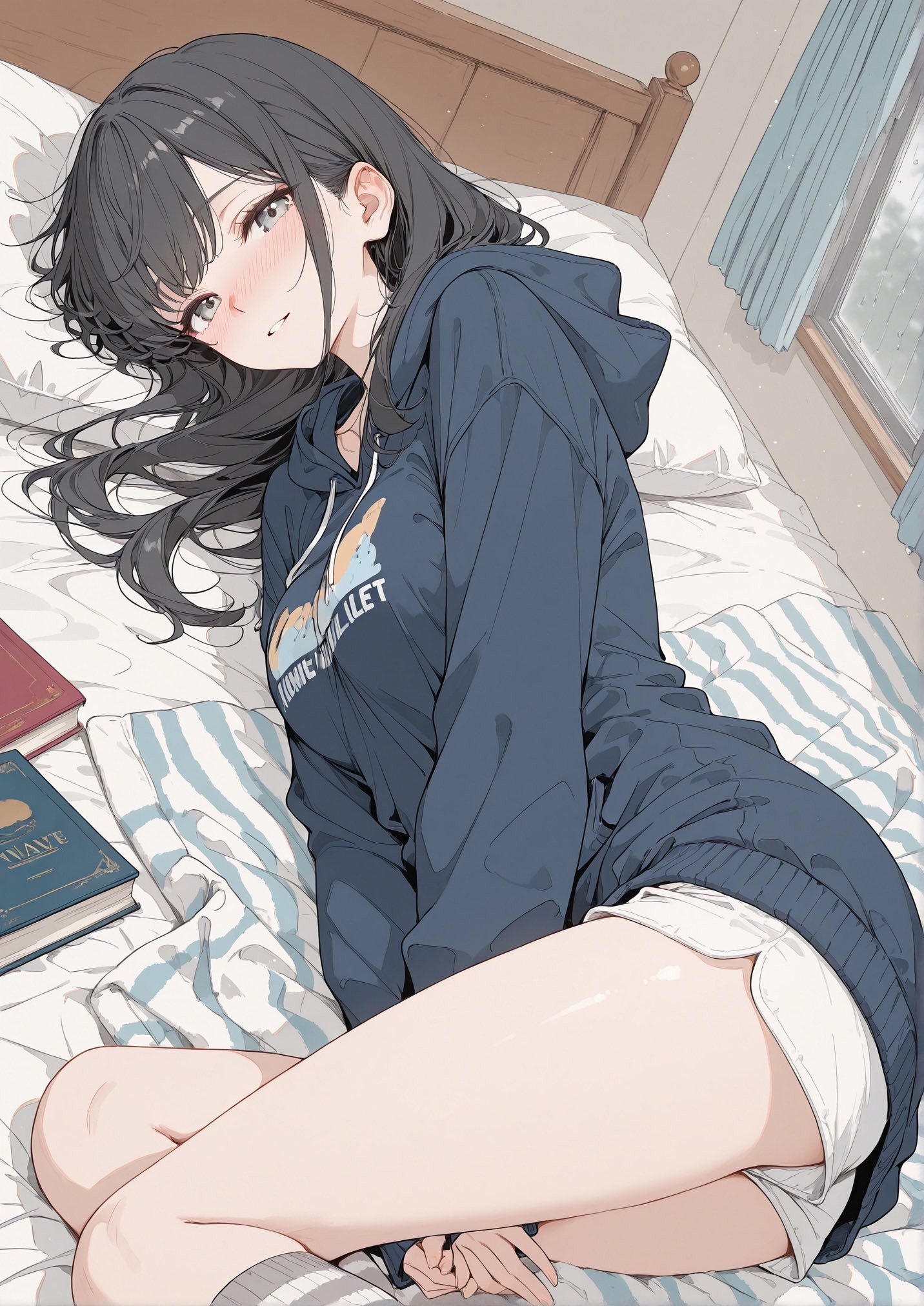 A black-haired girl in a blue hoodie lounging on the bed