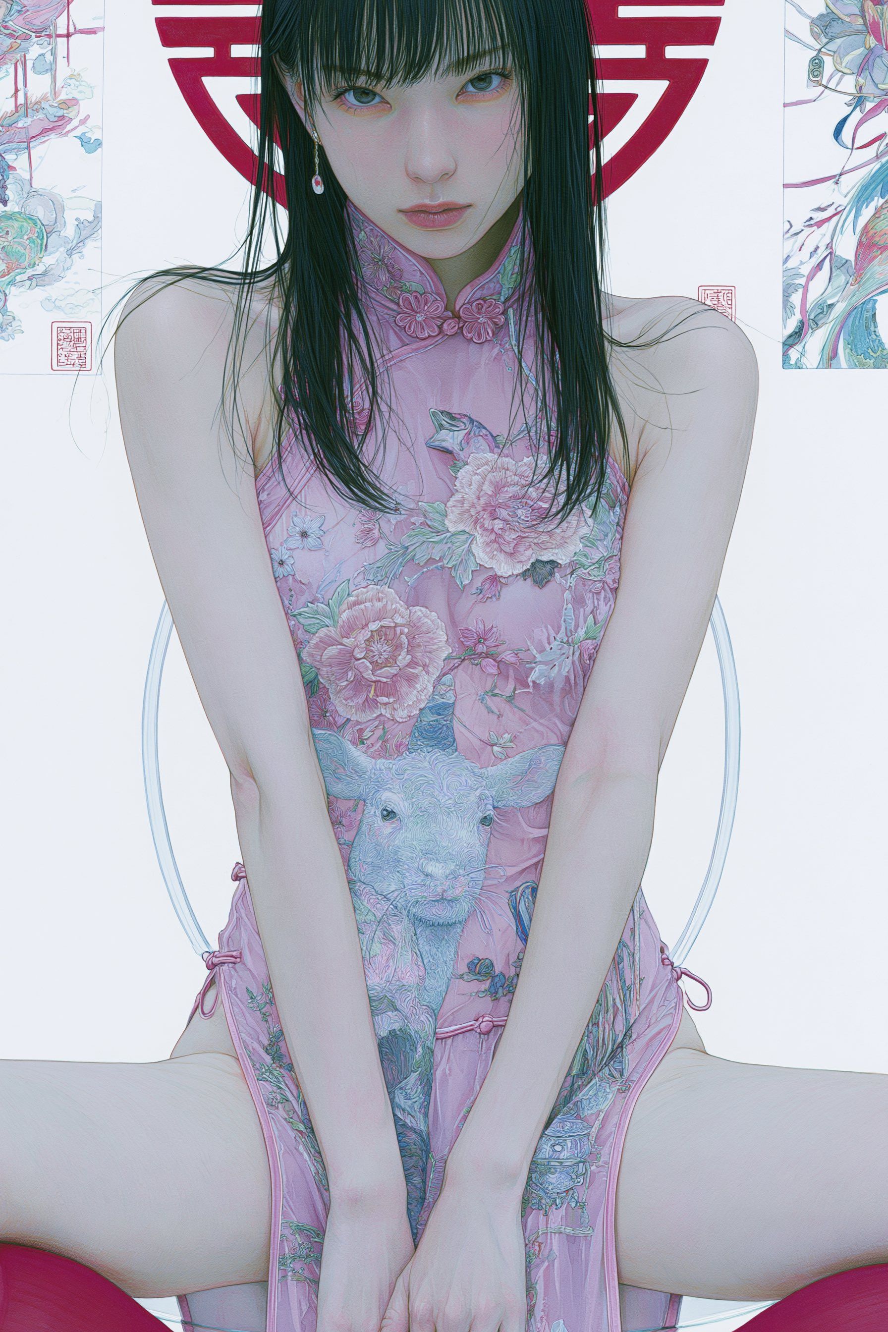 黒髪ロングの女性が淡いピンクのノースリーブのチャイナドレスを着て、控えめなポーズをとり、背景には赤いダブルハピネスの文字と伝統的な物語の巻物がある