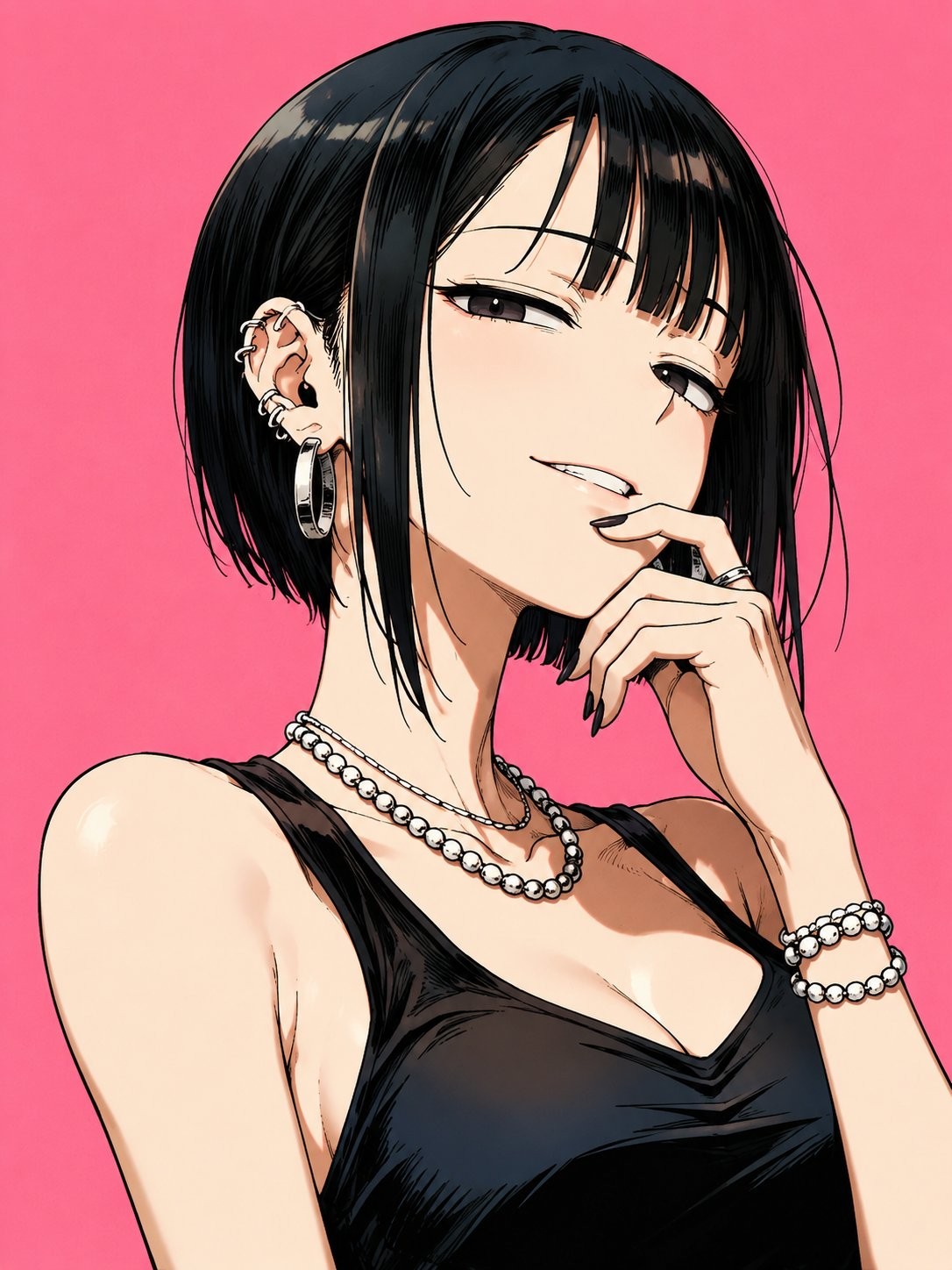 A woman in a black off-shoulder dress with long black hair and layered pearl accessories