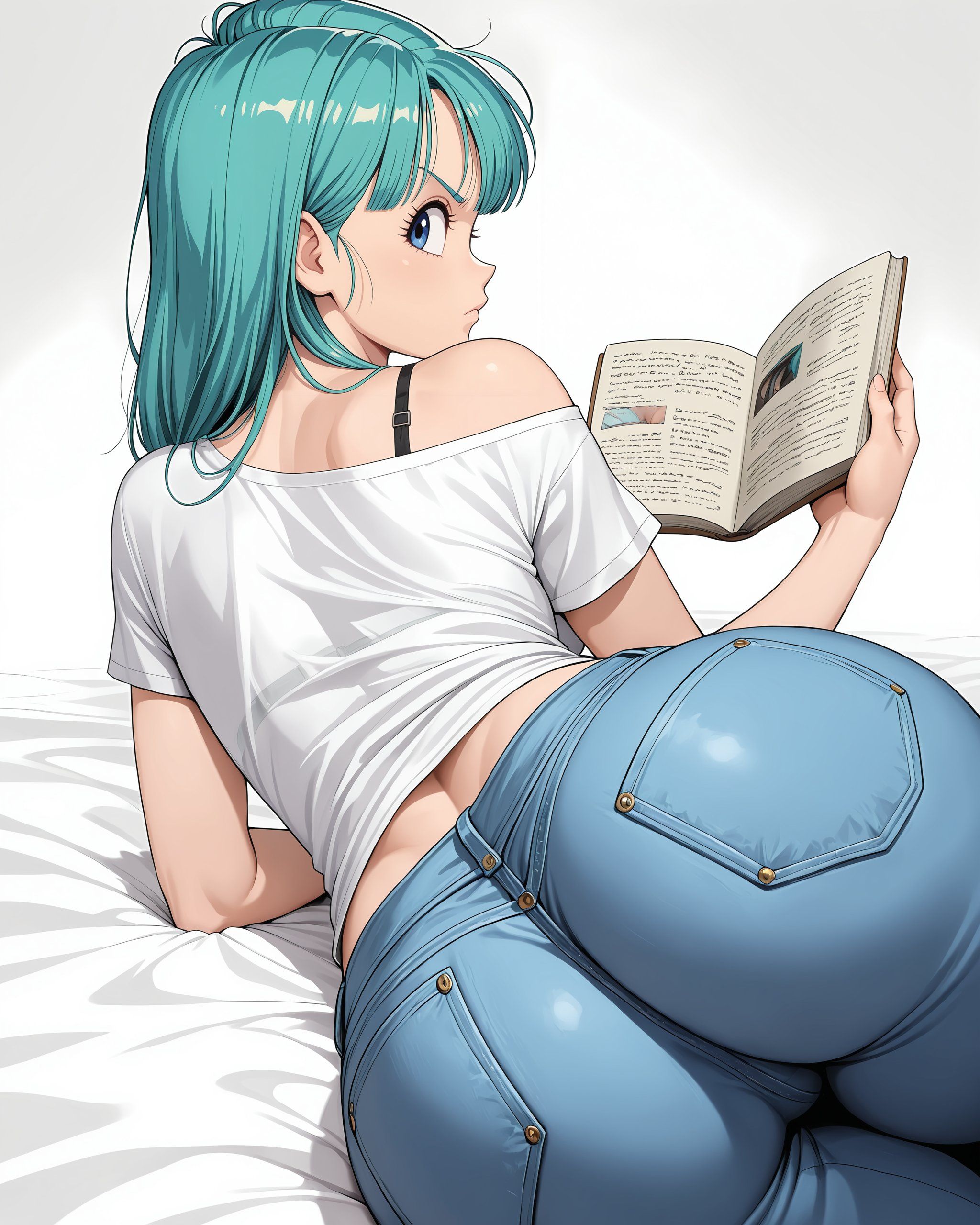 Ein Mädchen mit türkisfarbenen kurzen Haaren liest ein Buch, während sie ein schulterfreies Top und eine enge Jeans trägt