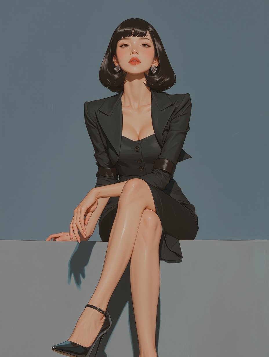 La beauté d'anime d'affaires avec des cheveux courts noirs porte des boucles d'oreilles en diamant et une robe de costume noire décolletée