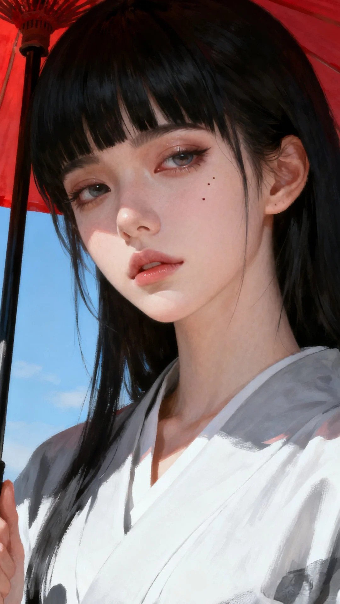 Gros plan de profil d'une fille aux cheveux noirs avec un parapluie rouge vêtue d'une tenue blanche simple sous le ciel bleu
