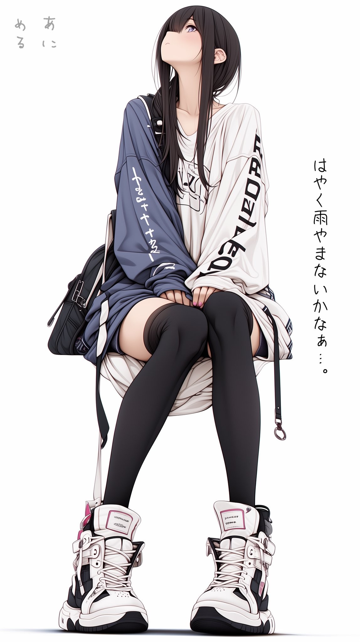 A girl with long black hair wears an oversized logo T-shirt layered with a dark blue jacket, over-the-knee socks, and chunky sneakers