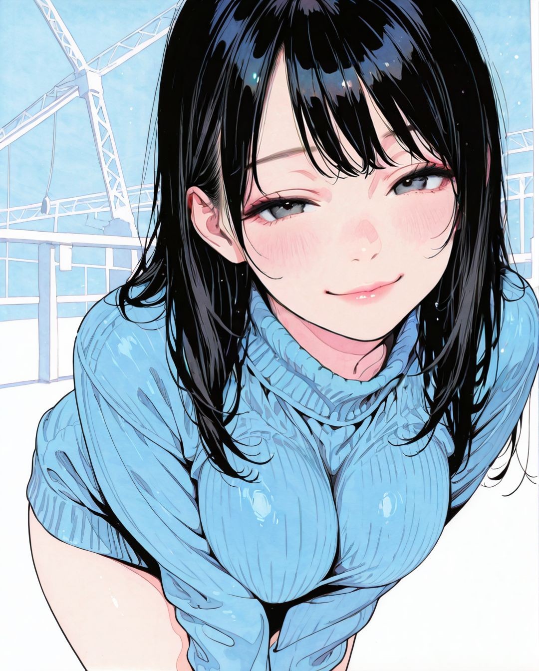黒髪の優しい少女が淡い青のタートルネックセーターを着て微笑んでいる