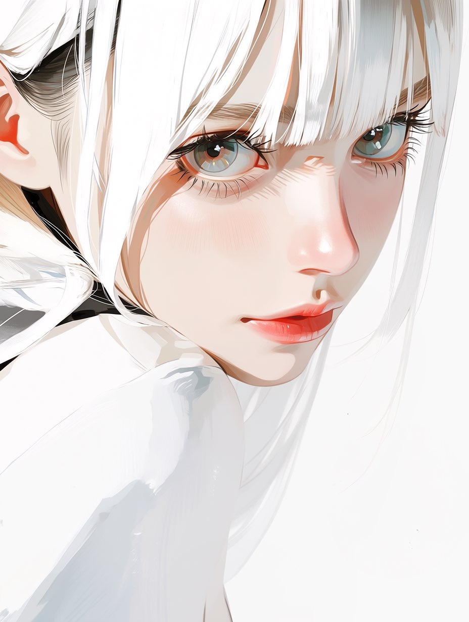 The high exposure ice beauty has long white hair and green eyes