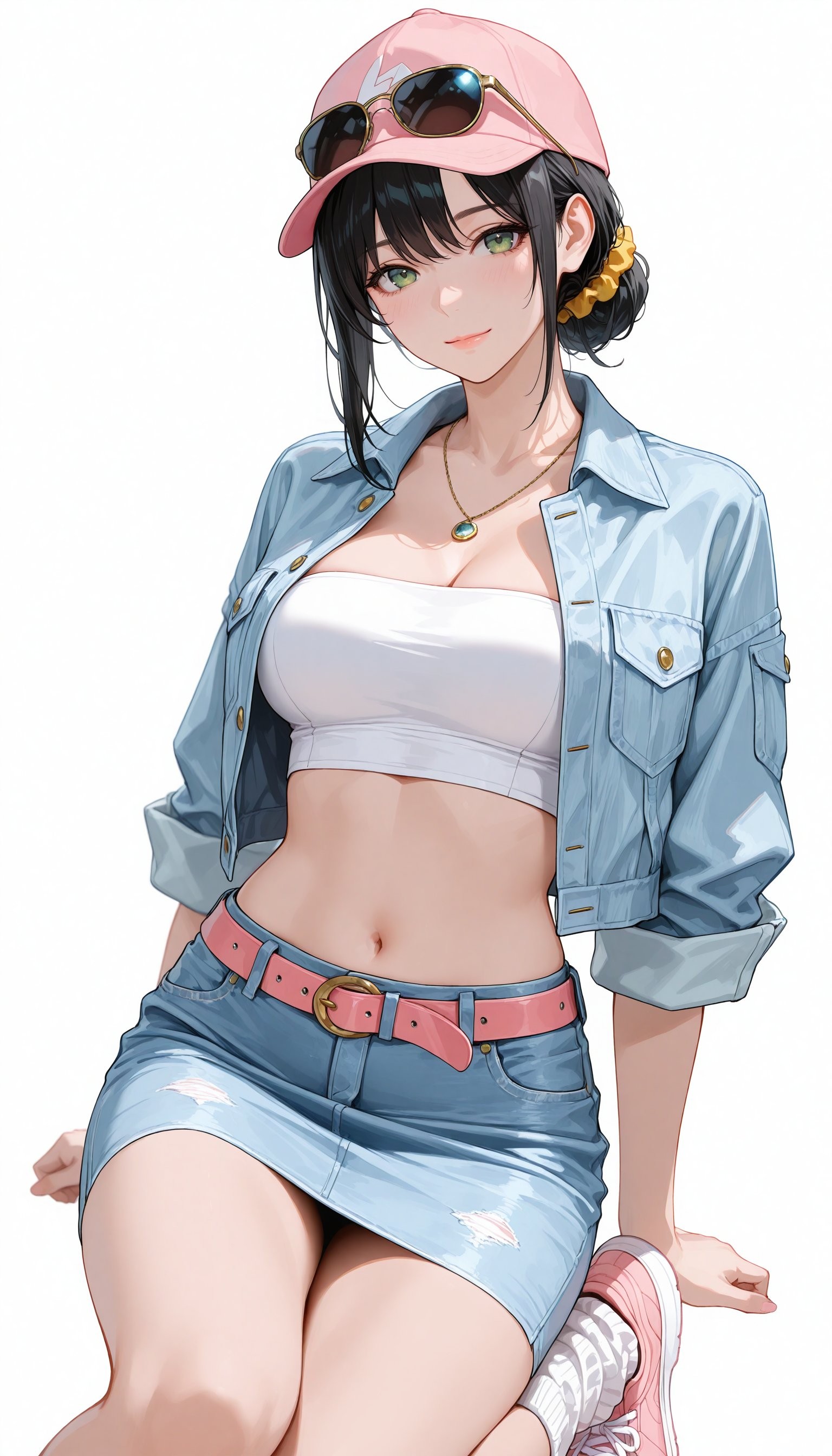Ein Mädchen mit schwarzen Zopf-Dutt trägt eine rosa Schirmmütze und eine hellblaue Jeansjacke