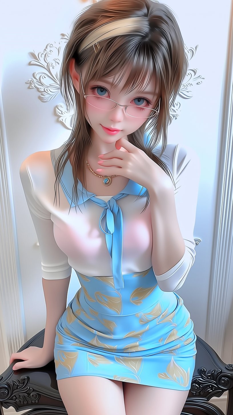 A secretary with brown side ponytail wears a white sheer shirt and blue floral pencil skir...