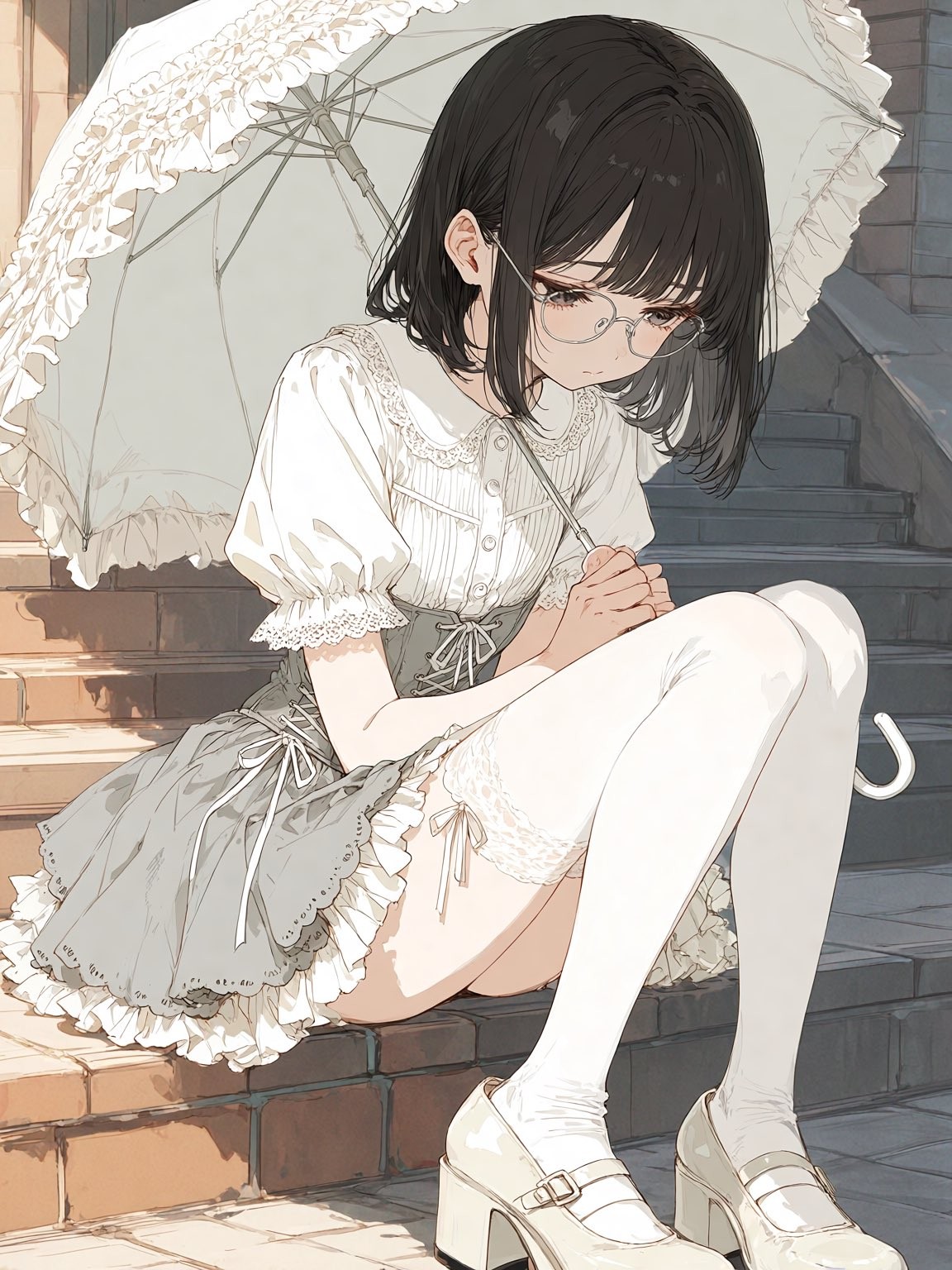 A girl in a white lace shirt and gray skirt sits on the steps holding a parasol with a slightly melancholic expression