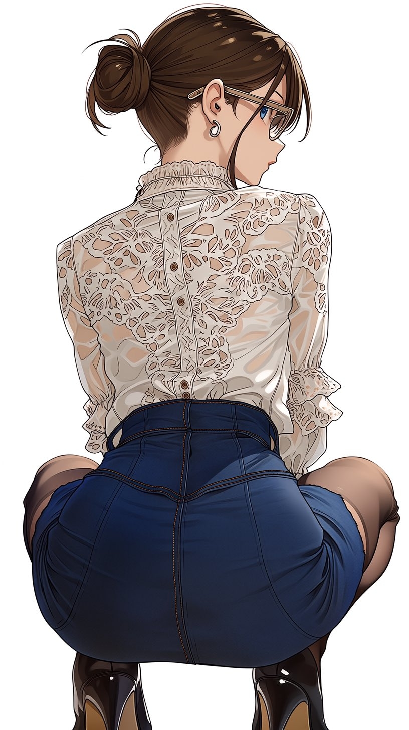 The model has dark brown hair styled in a low bun and wears an ivory lace shirt with a dark blue high-waisted skirt