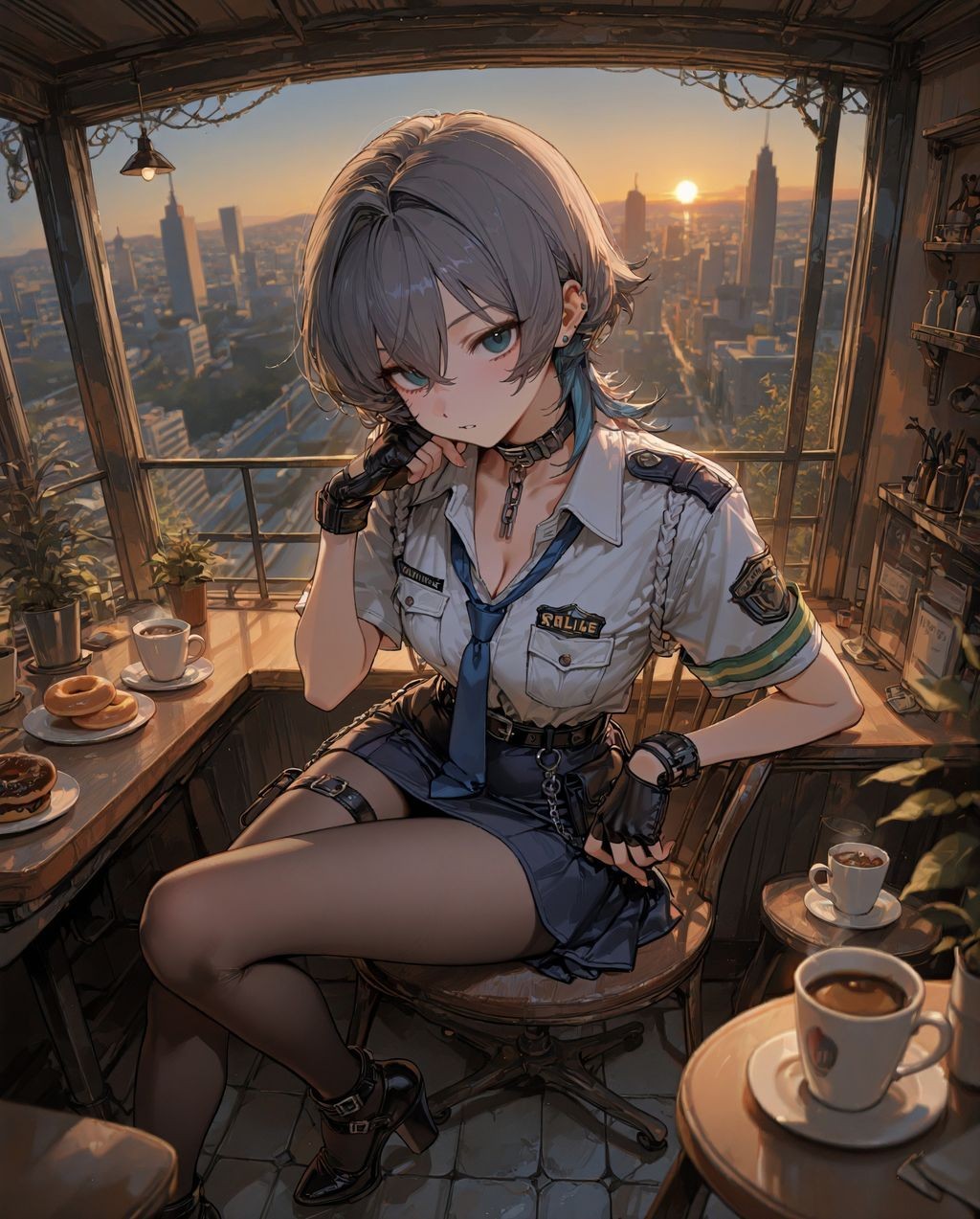 藍灰短髮少女穿著白色工裝衫和深藍領帶，坐在窗邊沙發上望向外面