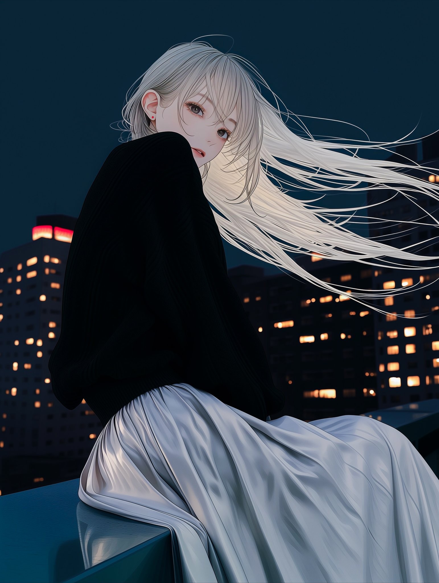 Silver-haired girl in black top and white skirt gazing back in the night scene