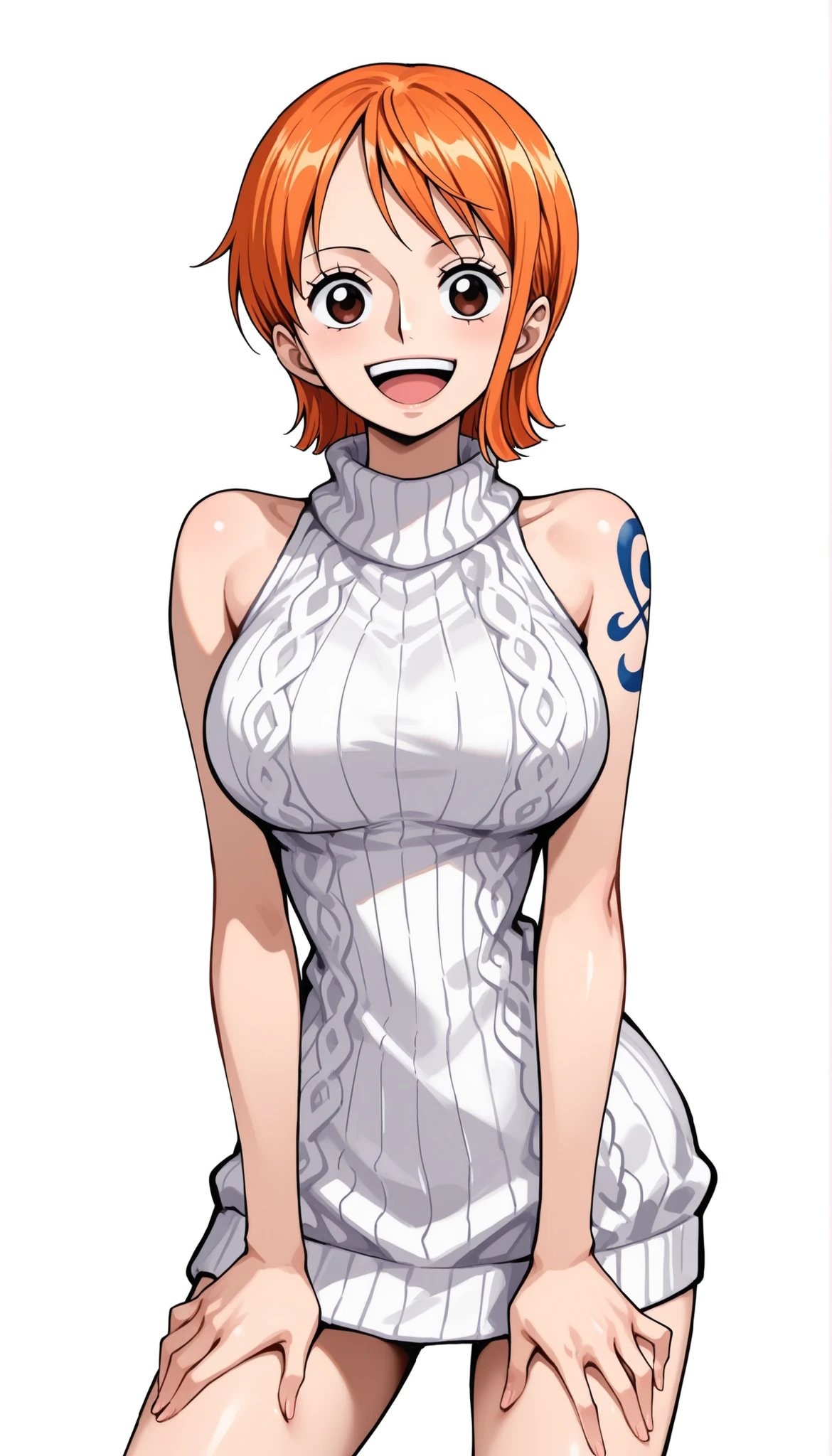 The woman has orange short hair and a white high-neck sleeveless dress
