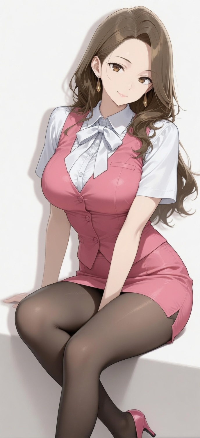 女子穿着粉色马甲和白衬衫，搭配包臀裙和黑丝袜，展现优雅气质