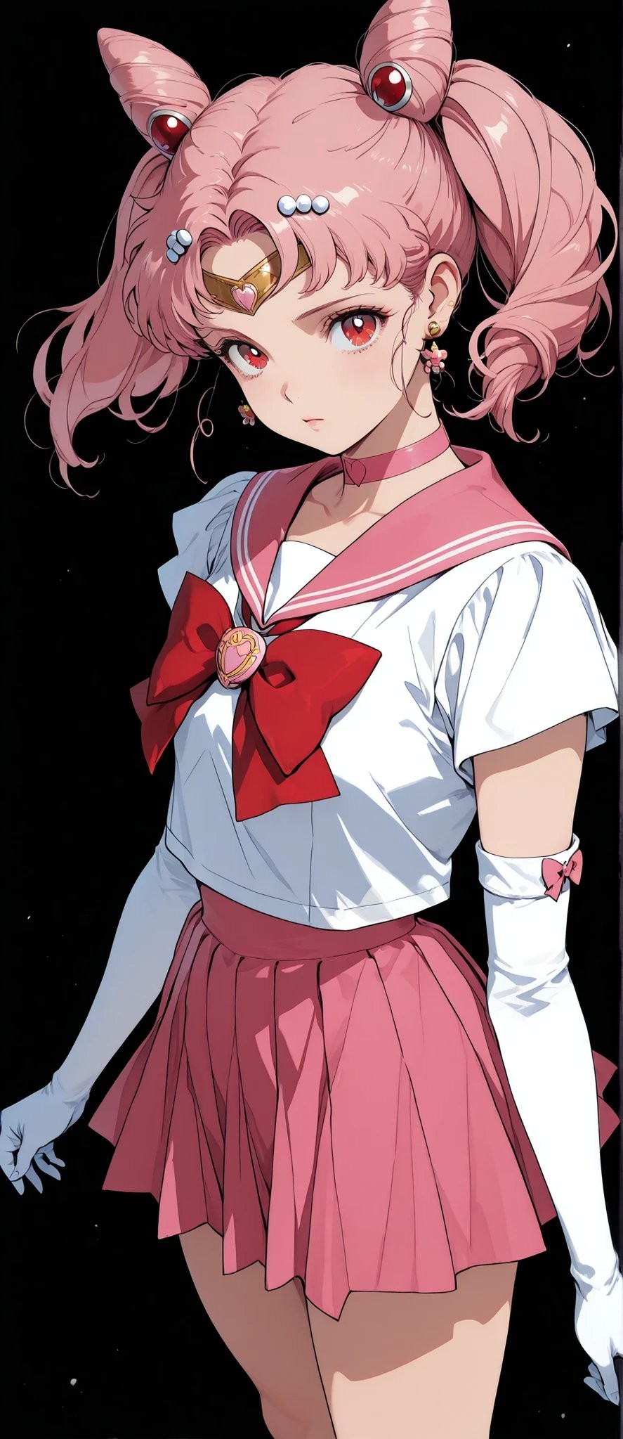 A girl with pink double buns and red gemstone hair accessories wearing a pink and white sailor uniform with a red bow