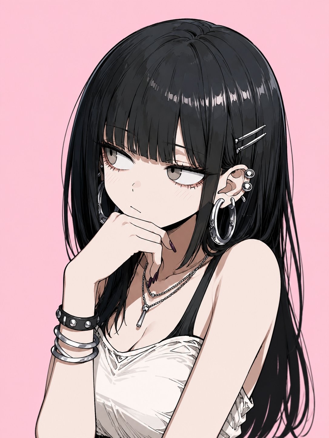 黒髪ストレートの少女がシルバーアクセサリーと大きなフープイヤリングを着用