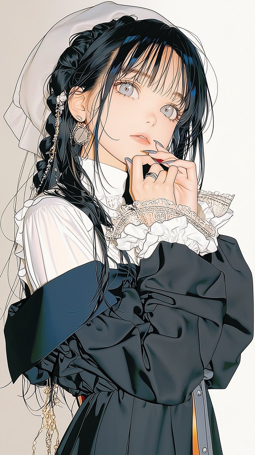 A girl with braided black hair wearing a white scarf and lace inner layers showcases a got...