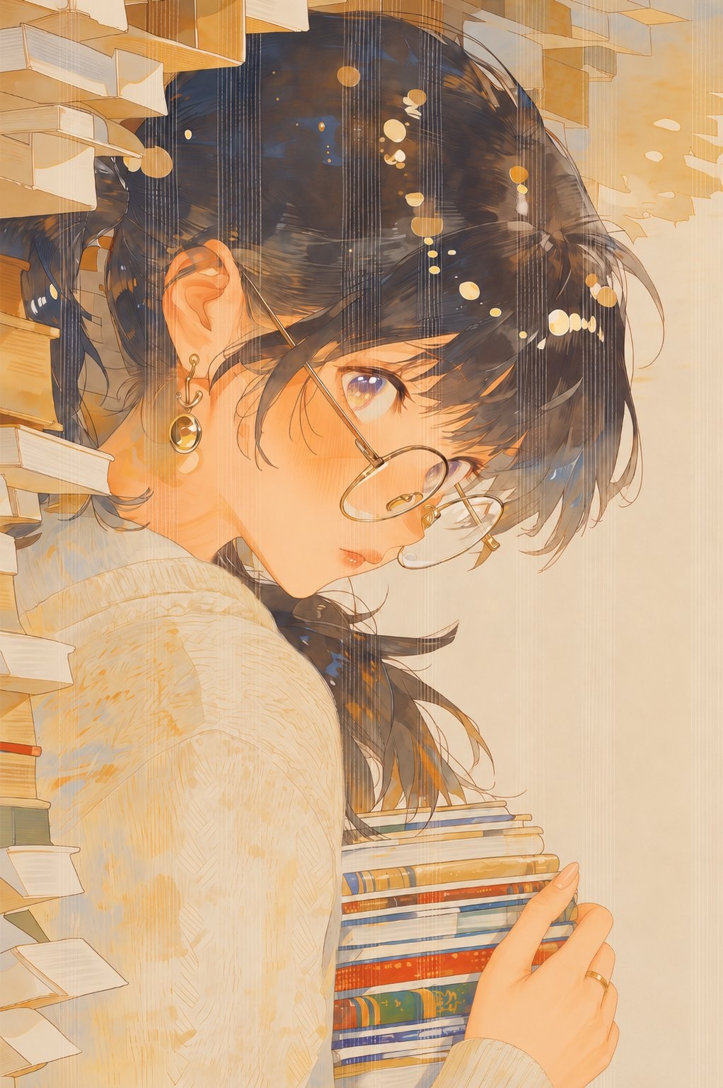 La fille se retourne, ses yeux violets visibles à travers des lunettes à monture dorée, tenant des livres anciens entourés de pages flottantes