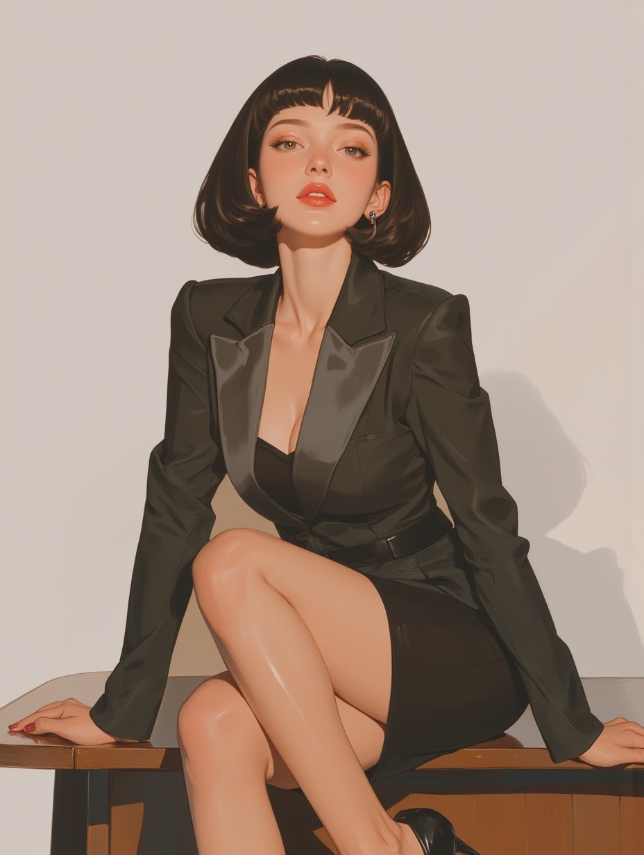 黒いショートヘアと赤い唇を持つ、スタイリッシュな二次元女性が黒いサテンのスーツとミニスカートを着ている