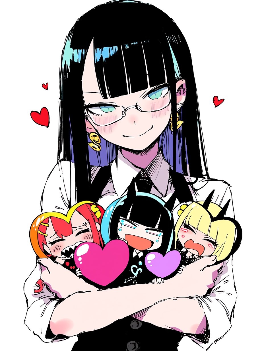 黑長直少女佩戴細框眼鏡，抱著三隻哭泣的Q版小人