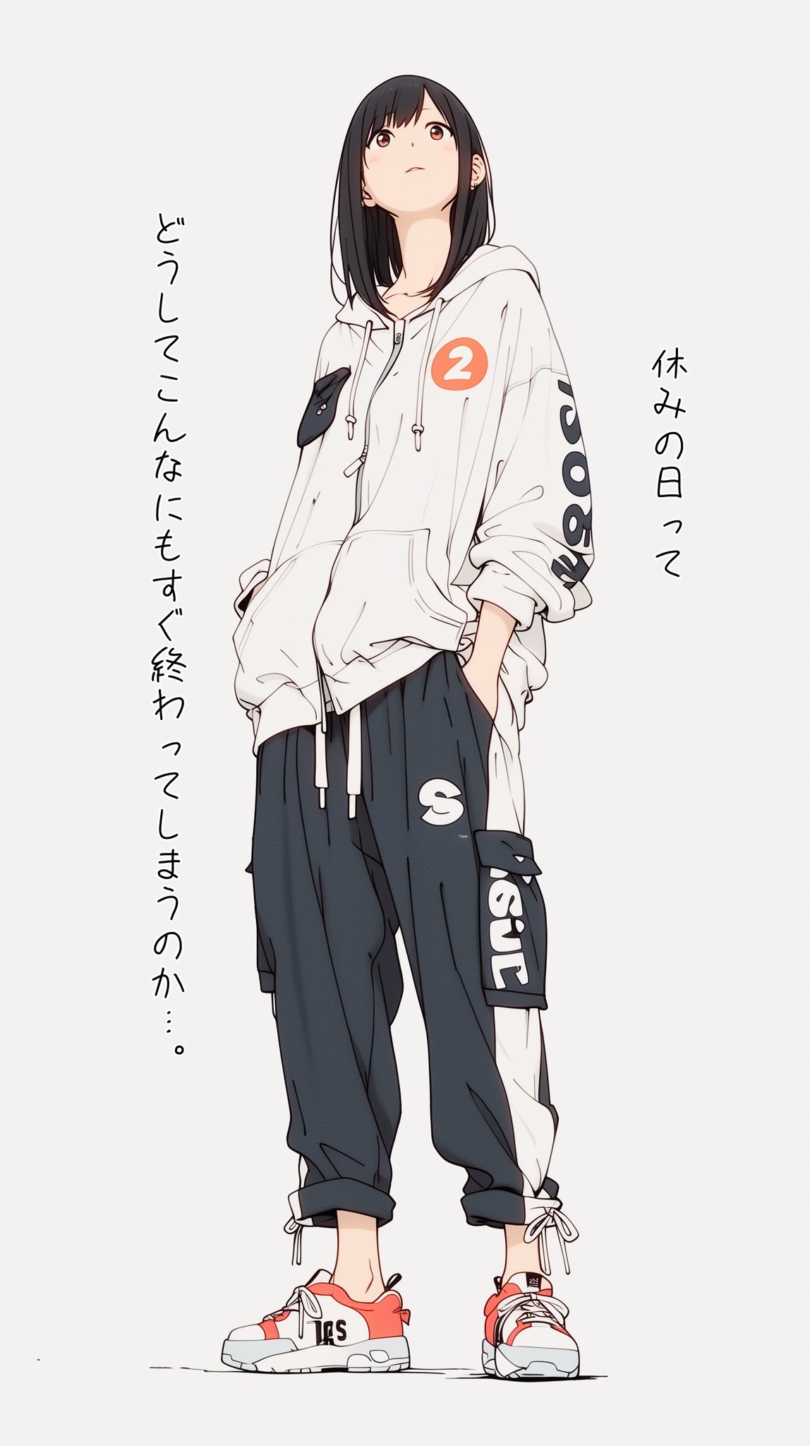 A black-haired girl wearing a gray hoodie and black pants with trendy sneakers in a minimalist illustration style wallpaper
