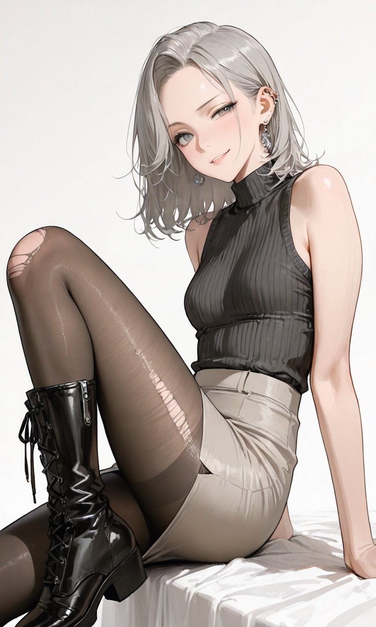 シルバーの髪を持つ女性は、ハイネックのノースリーブニット、カーキ色のハイウエストショートパンツ、ダメージブラックストッキングを着用し、エレガントで成熟した魅力を醸し出しています