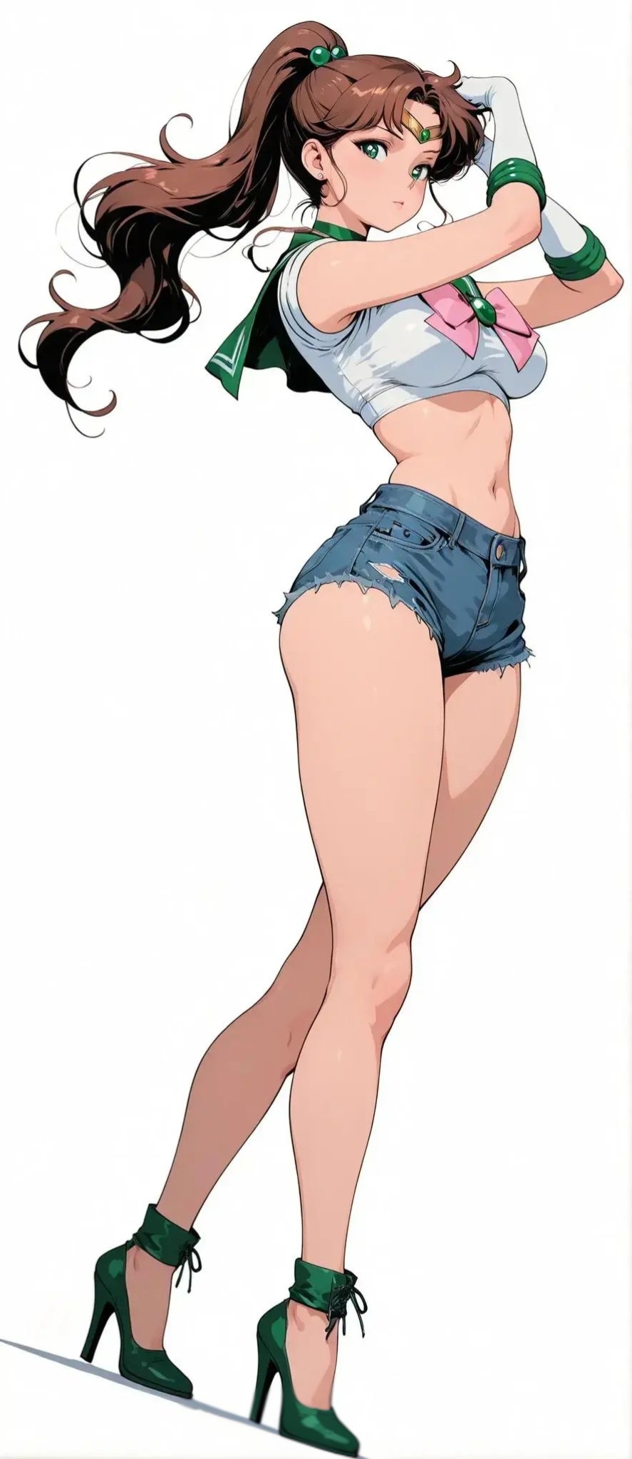 Ein Mädchen trägt ein weißes Matrosenoberteil mit zerrissenen Jeansshorts, kombiniert mit grünen High Heels und einer pinken Schleife